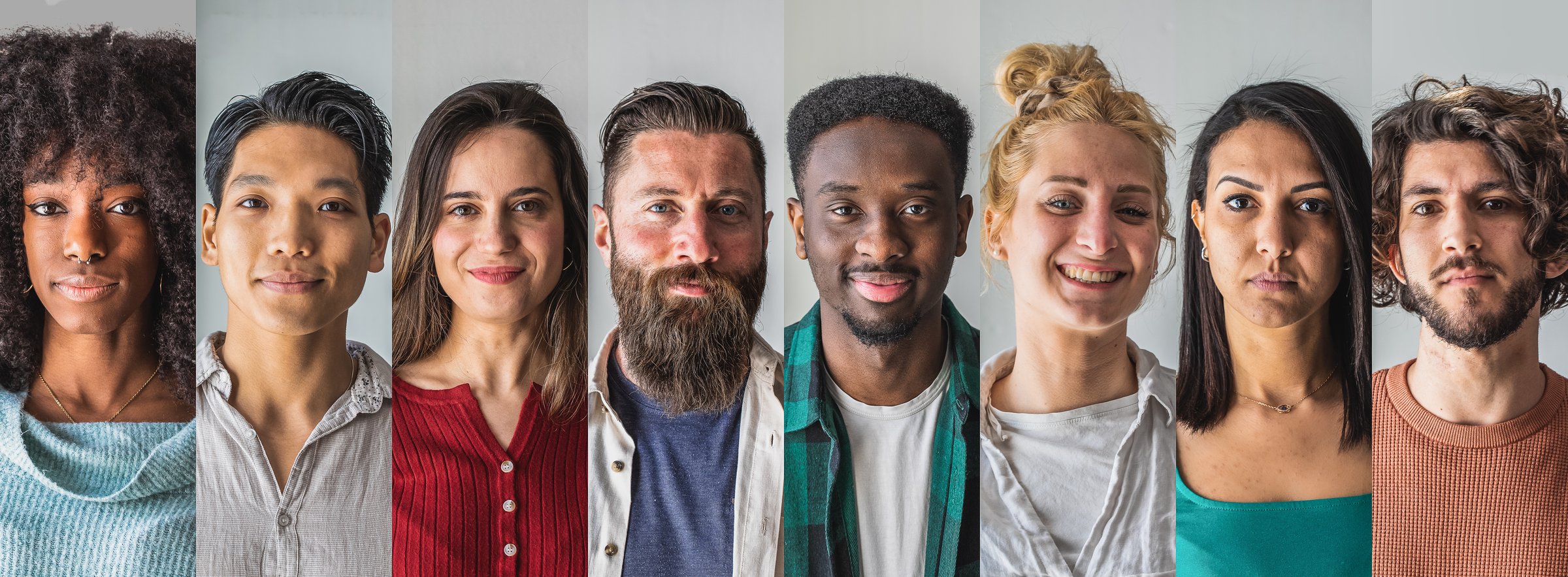 Collage of portraits of men and women of an ethnically diverse and mixed age group. Happy different ethnicity young and middle aged people. Headshots looking at the camer in mosaic collection.