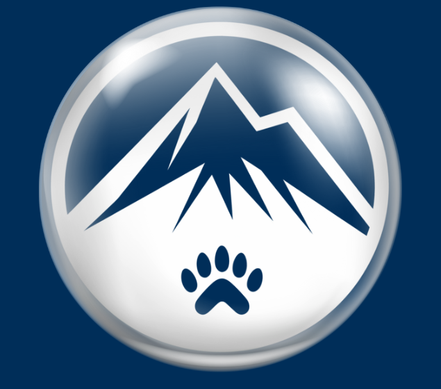 A circular logo featuring a stylized mountain and a paw print, set against a dark blue background.