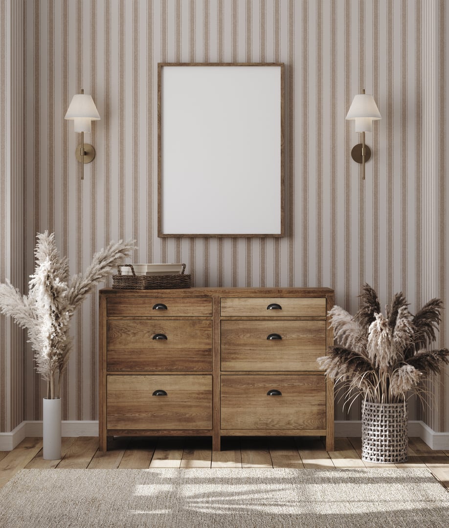 Mockup frame in farmhouse living room interior, 3d render