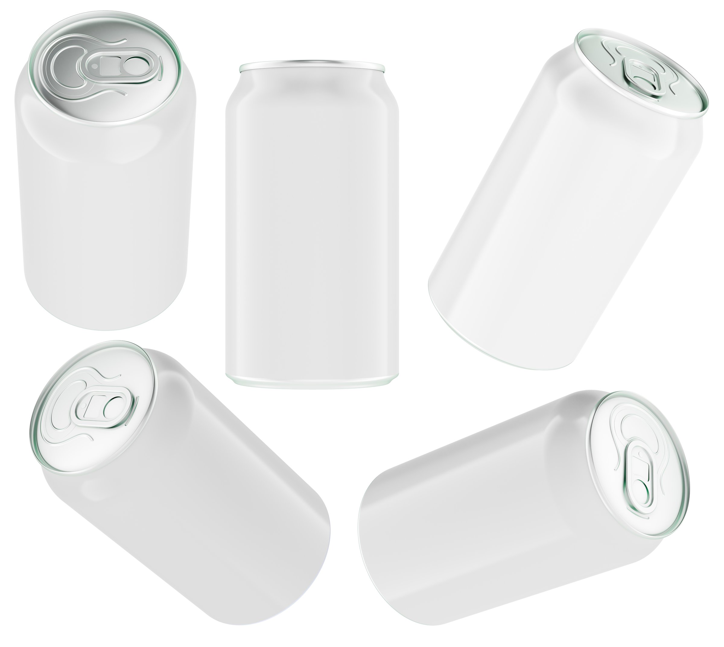 Blank aluminum beverage cans, mockup set with multiple angles. 3D rendering isolated on white background