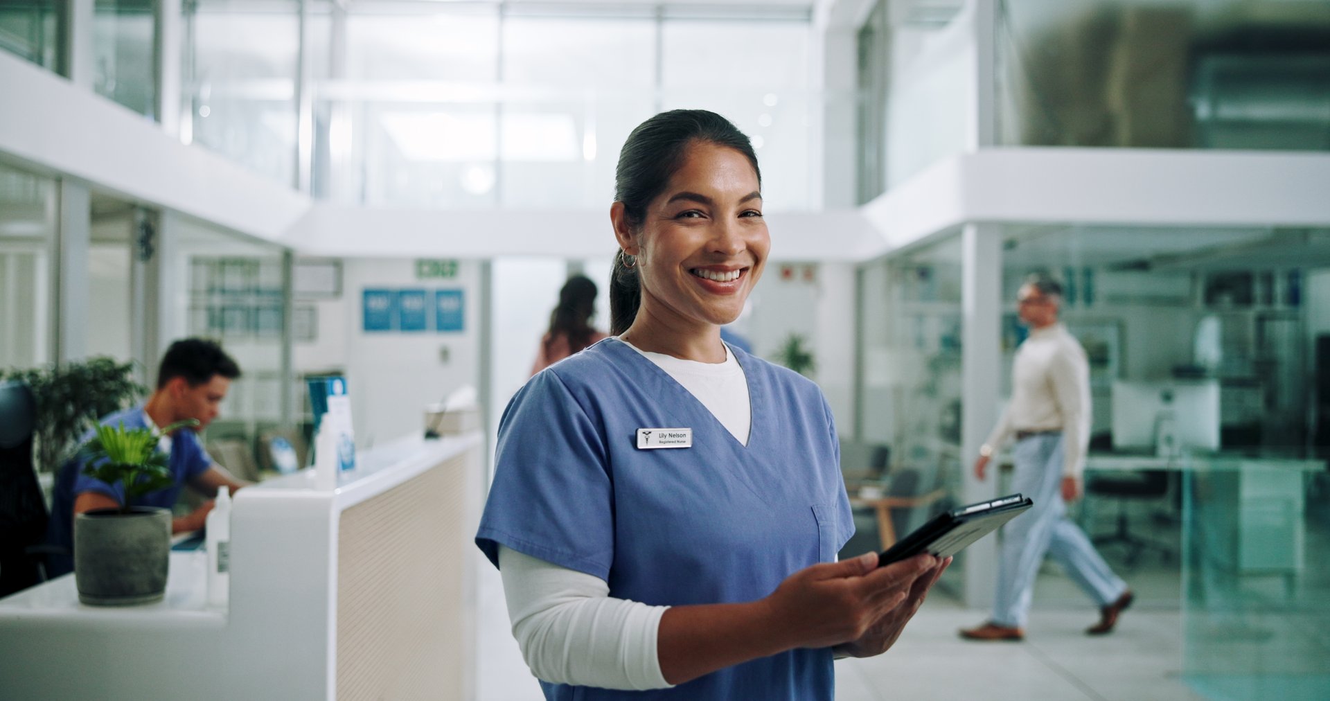 Nurse, tablet and portrait with woman in hospital for patient files