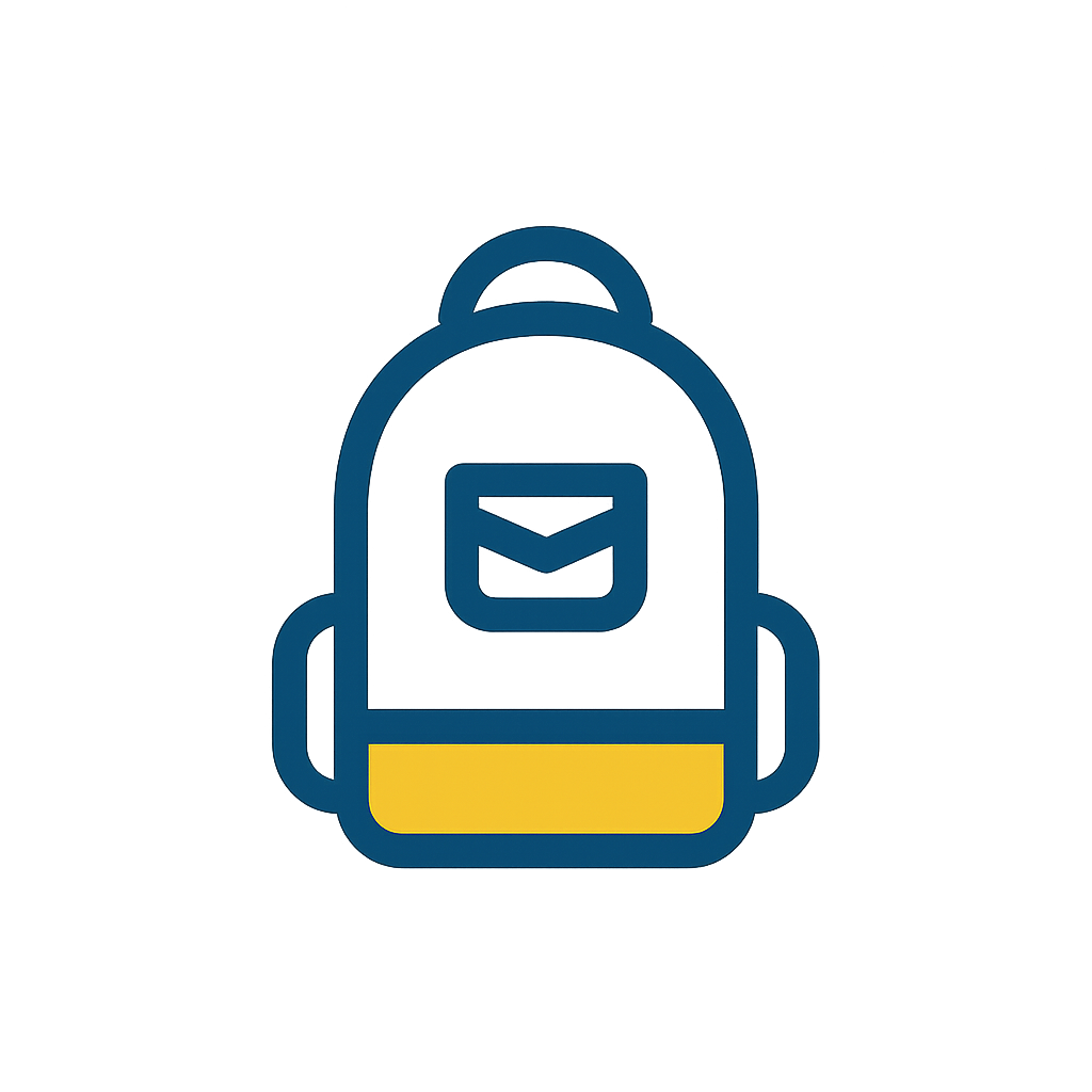 Icon of a blue backpack with a yellow bottom section and a small pocket, on a dark brown gradient background.
