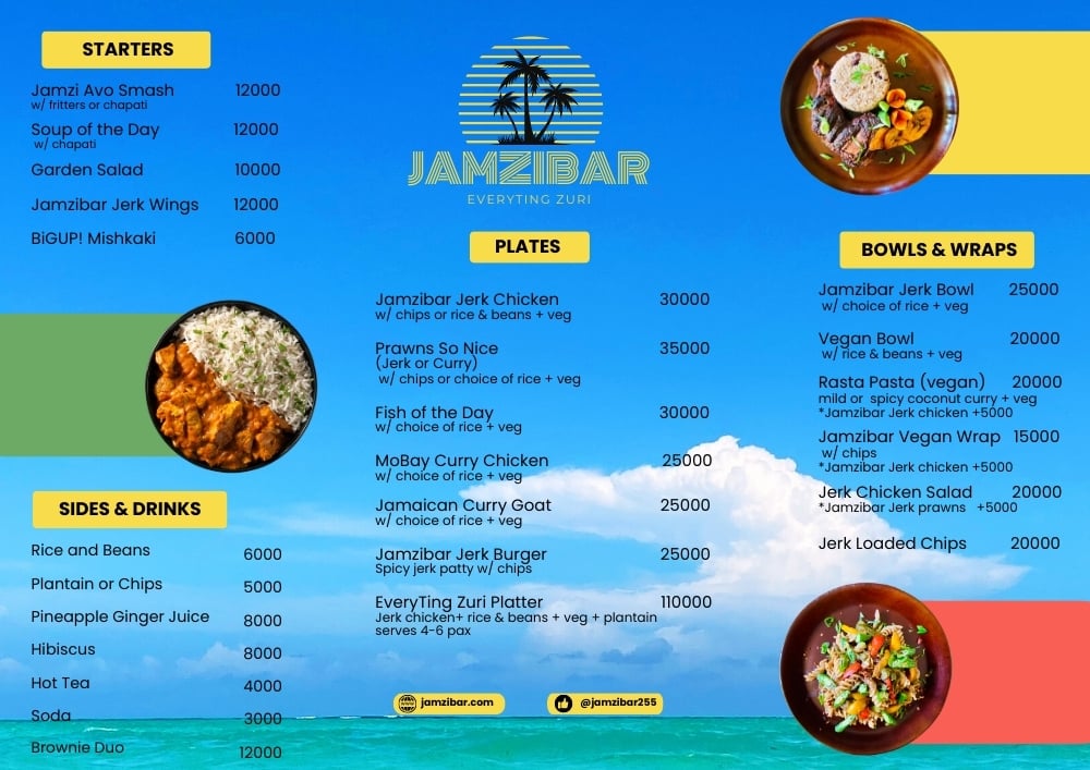 Jamzibar menu featuring starters, sides, drinks, plates, and bowls with prices