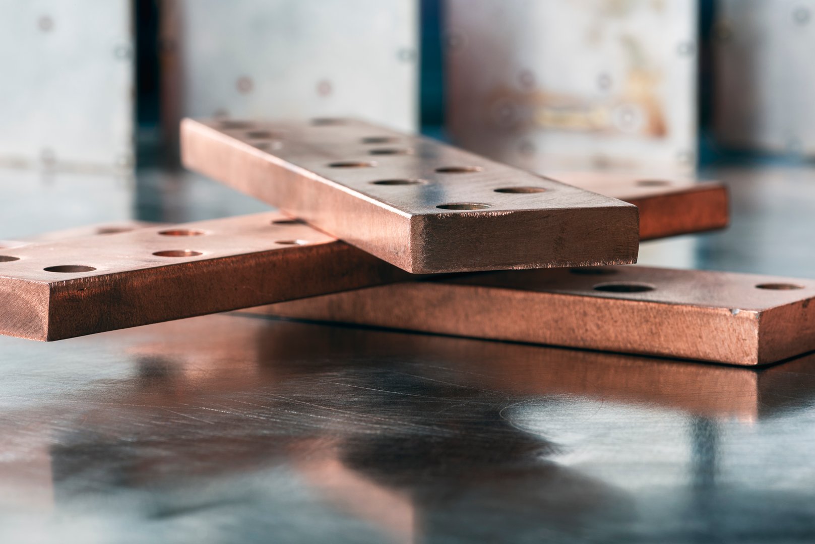Set of Copper Flat Electrical Busbars Close-up