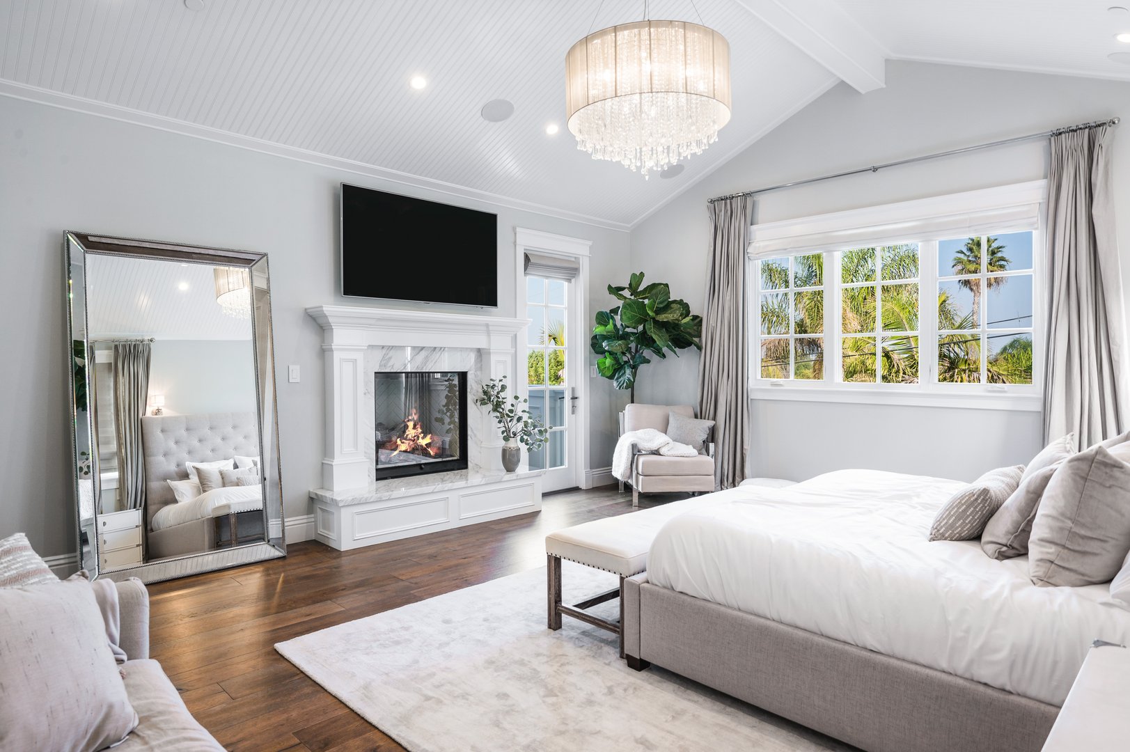 A well-furnished bedroom in a new construction home in Encino, California