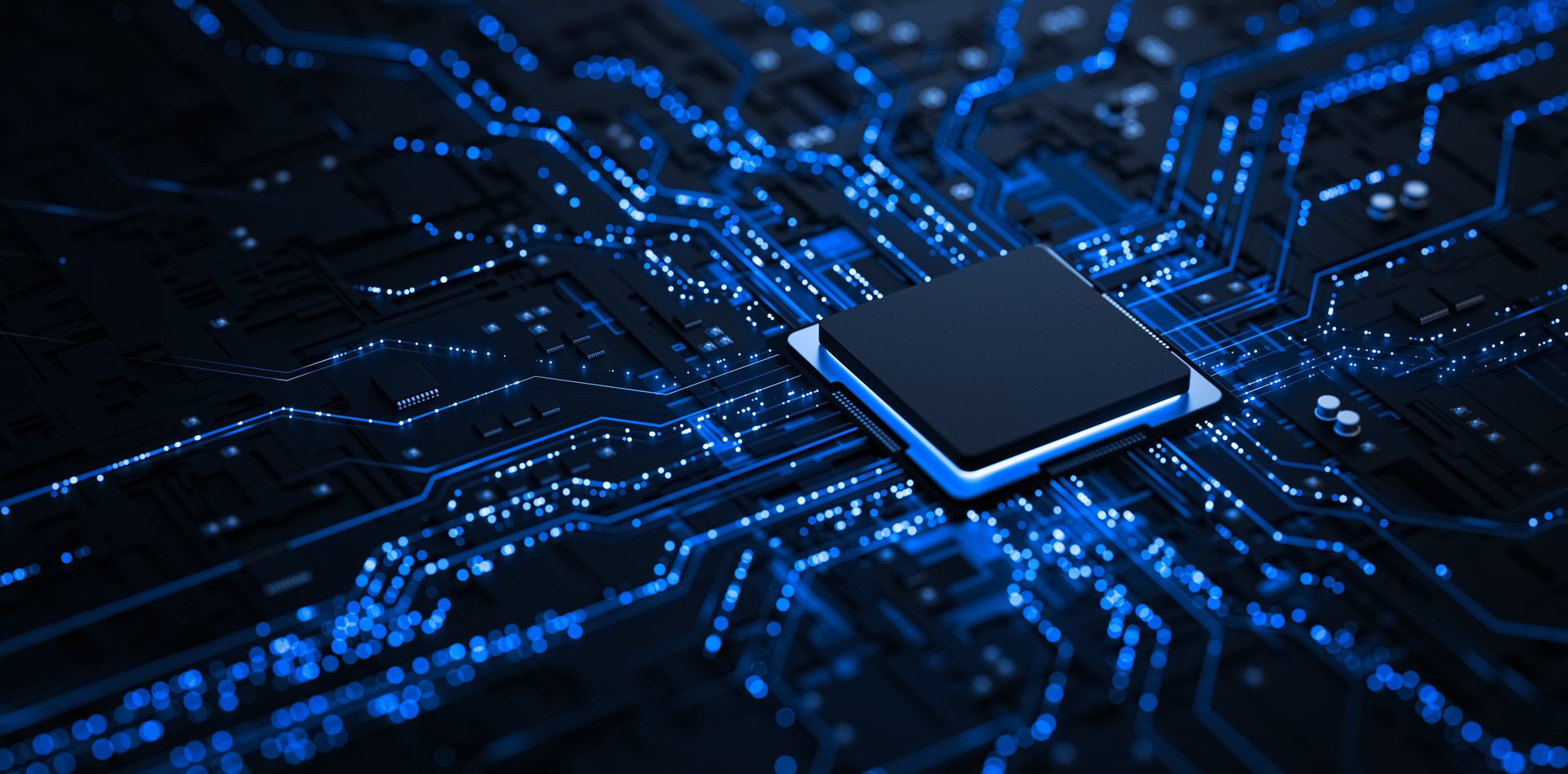 Processor chip on circuit board with copy space for design.