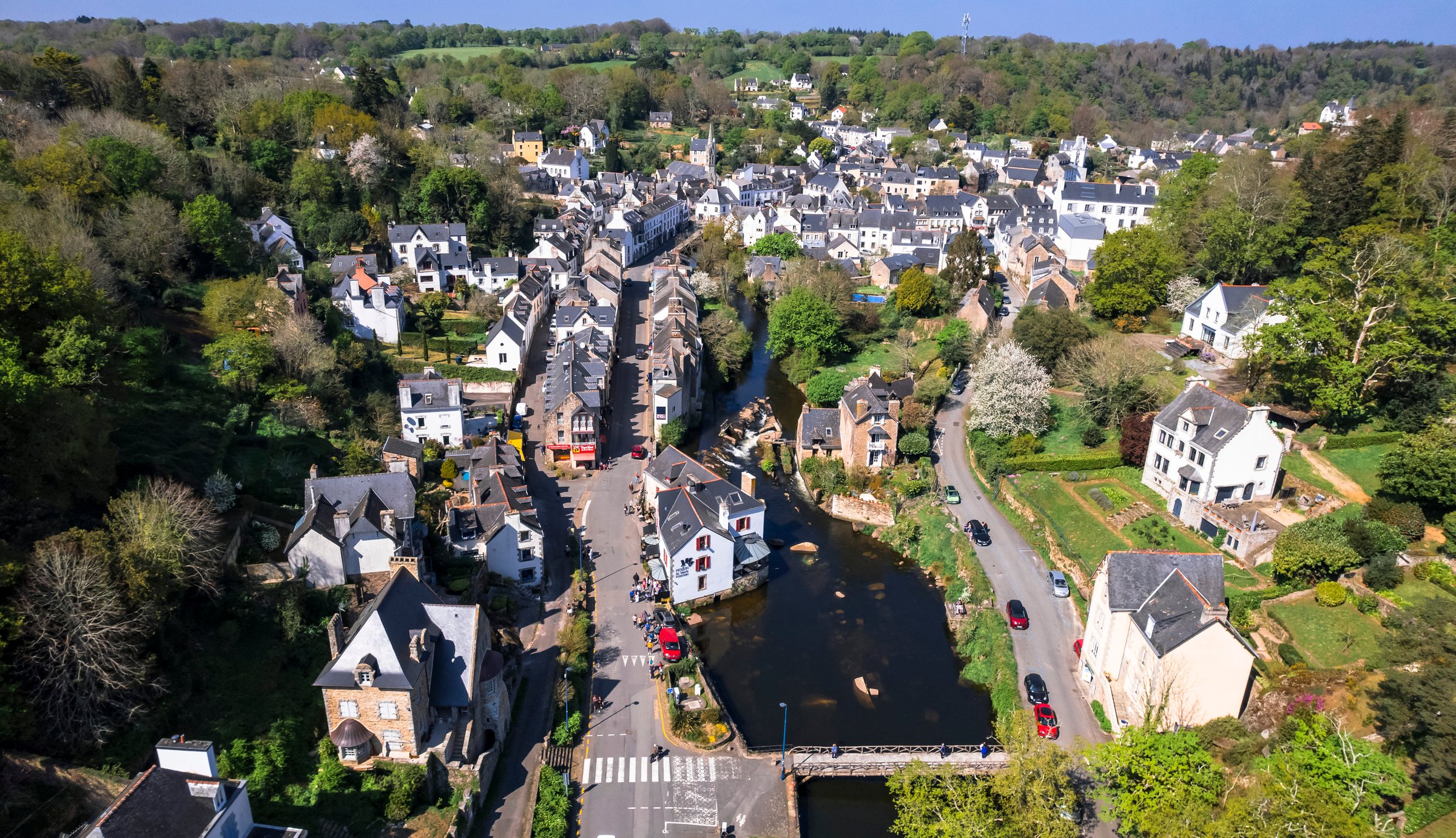 Most beautiful french villages, France. Pont Aven (Pont-aven) aerial drone view of scenic picturesque town with charming streets and canals. FinistÃ¨re department in the Brittany region