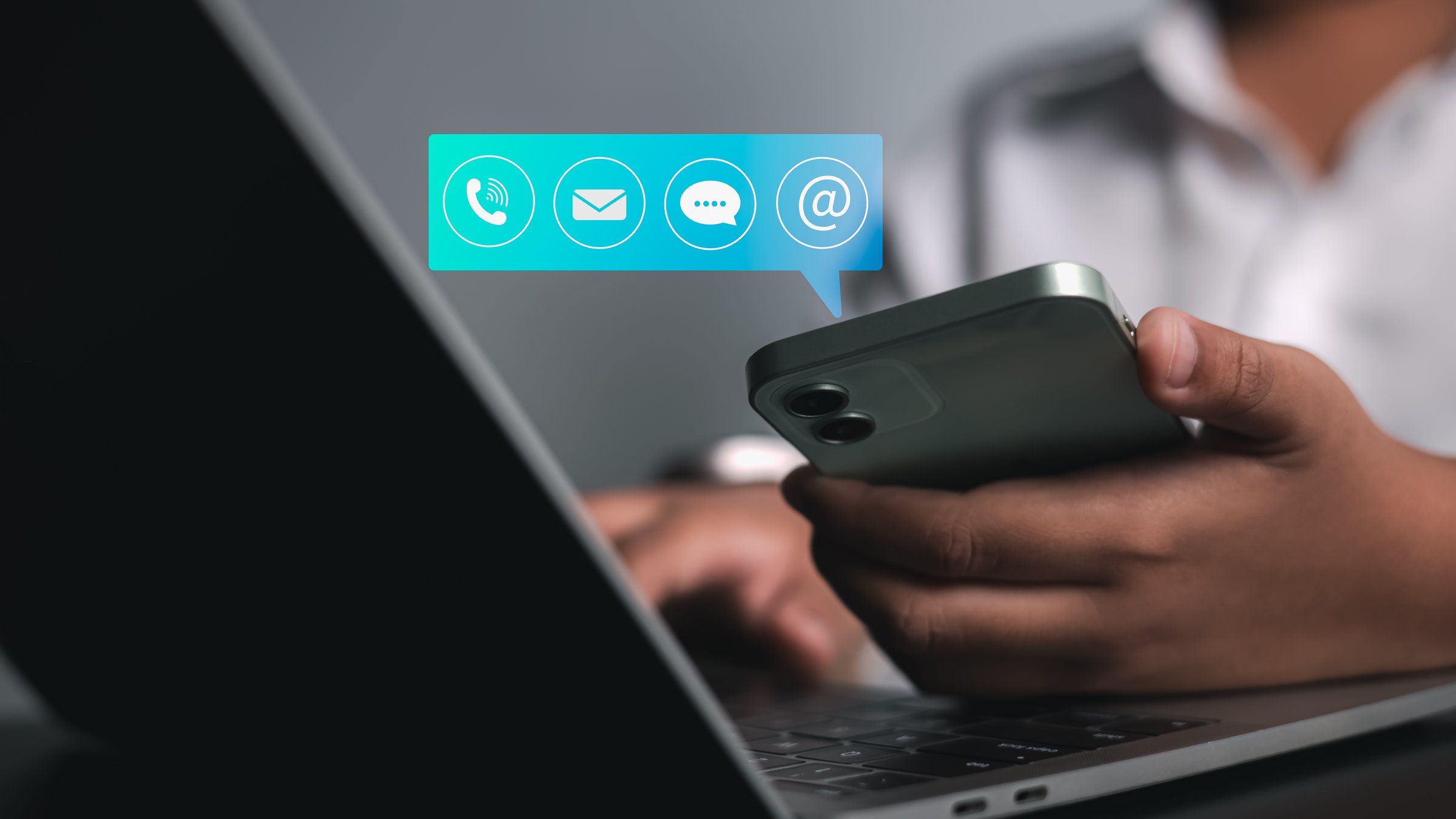 Contact us or email marketing concept, Website page, Customer support hotline, Contact us by mobile online, Human sitting and working on computer, Email, Phone, Address, Chat message icon.