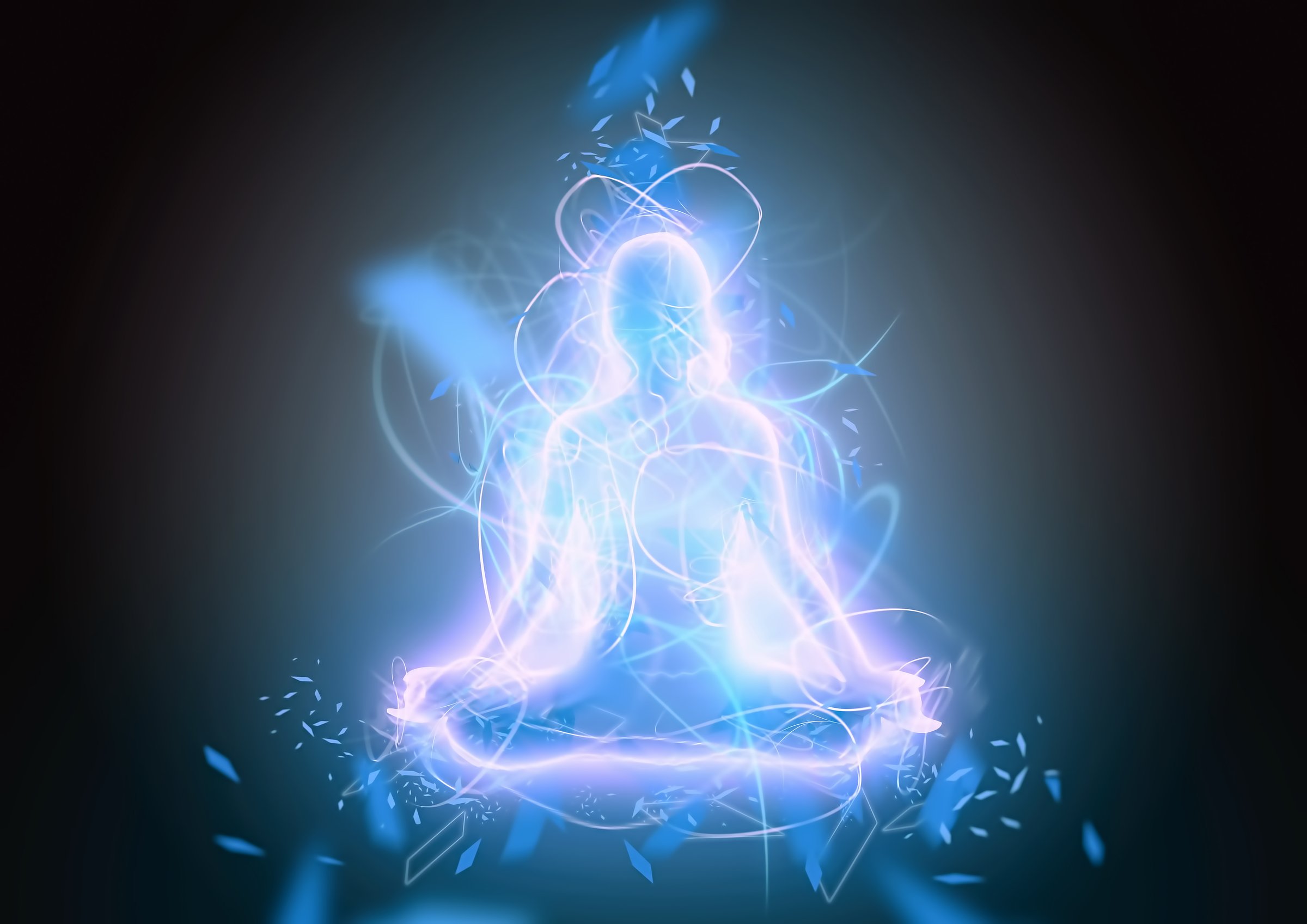 Abstract energy background with blue aura and meditating man