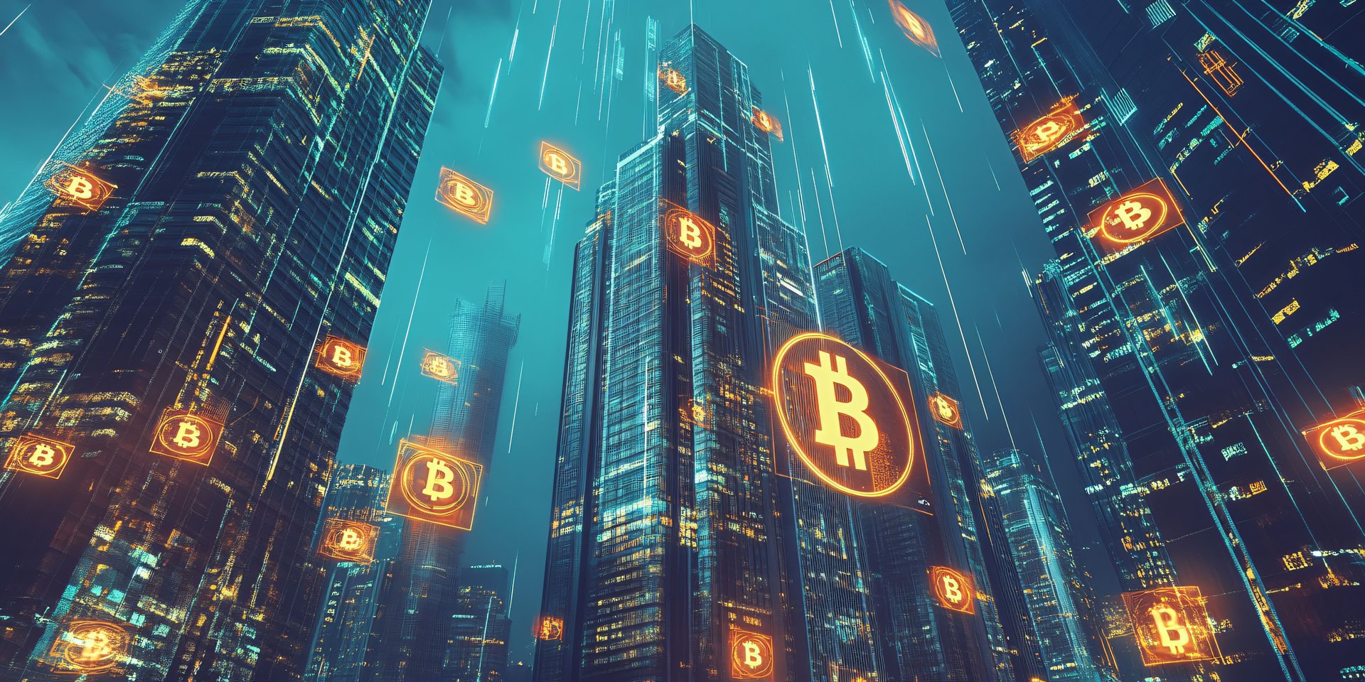 Bitcoin cryptocurrency symbol on skyscrapers background. Cryptocurrency concept.  AI-generated