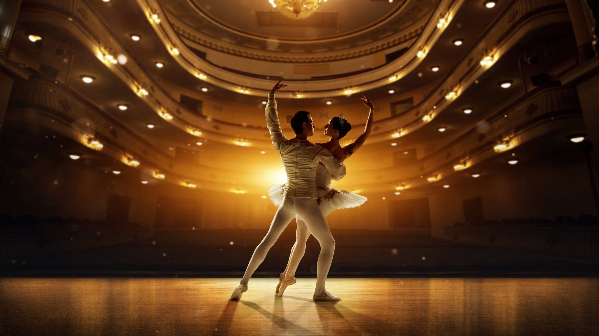 Handmade collage. Romantic ballet duo in dramatic pose, golden spotlight illuminating delicate movement. 3d stage. Concept of classical dance, art and grace, beauty, choreography in emotional connection.