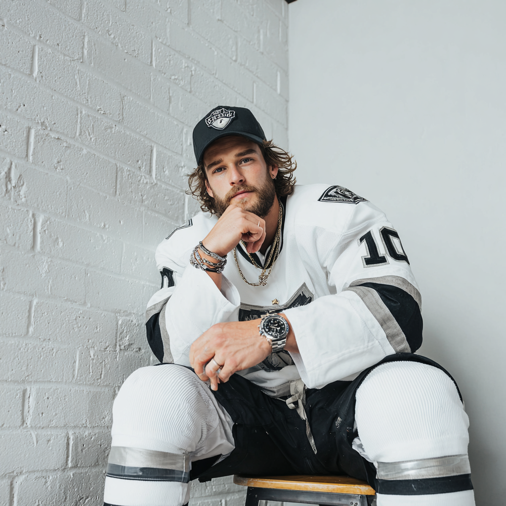 white hockey player posing jewelers studio setting