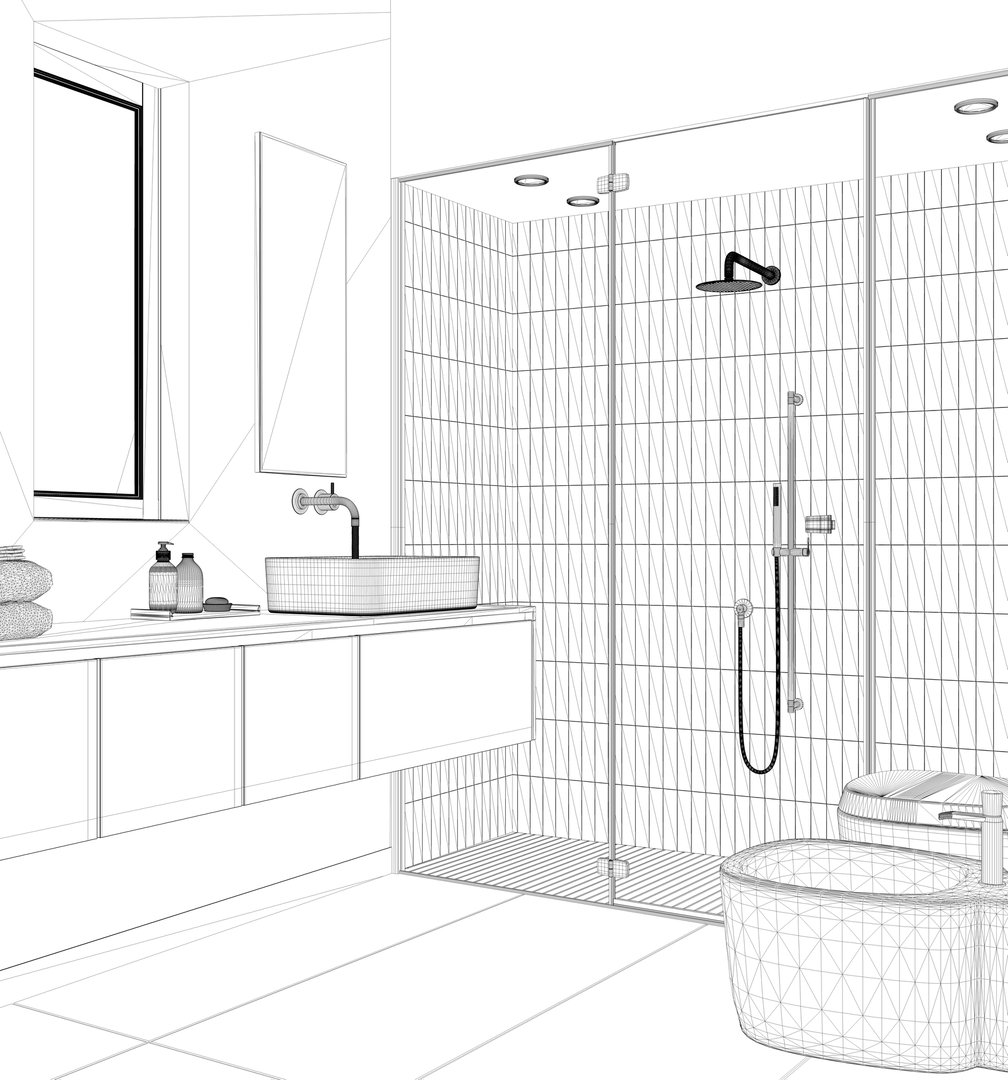 Blueprint project draft, modern bathroom, spa, concrete tiles floor, large shower with tiles and spotlight, washbasin with mirror, ceramic toilet and bidet. Minimalist interior design