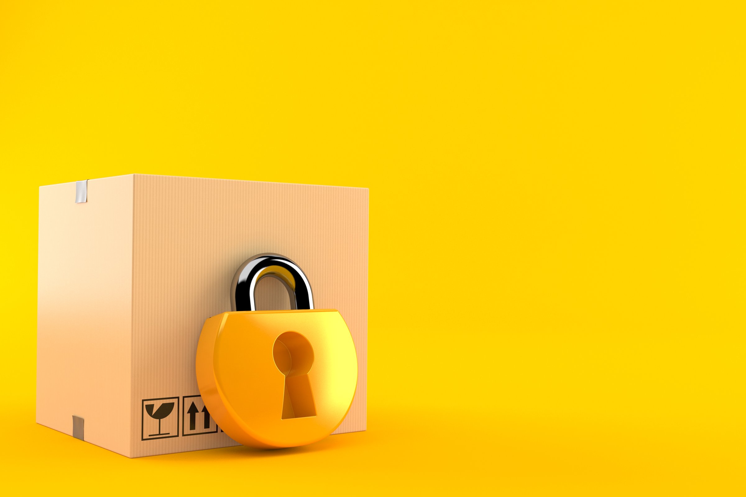 Package with padlock isolated on orange background. 3d illustration