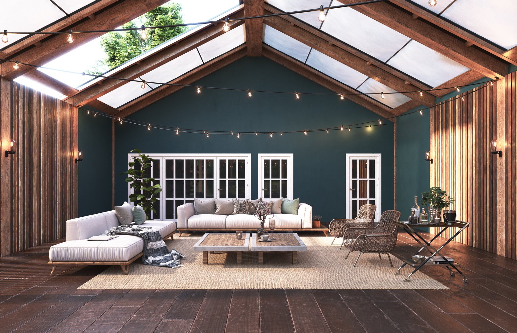 An outdoor wooden patio with a glass roof and comfortable seating. 3d rendering