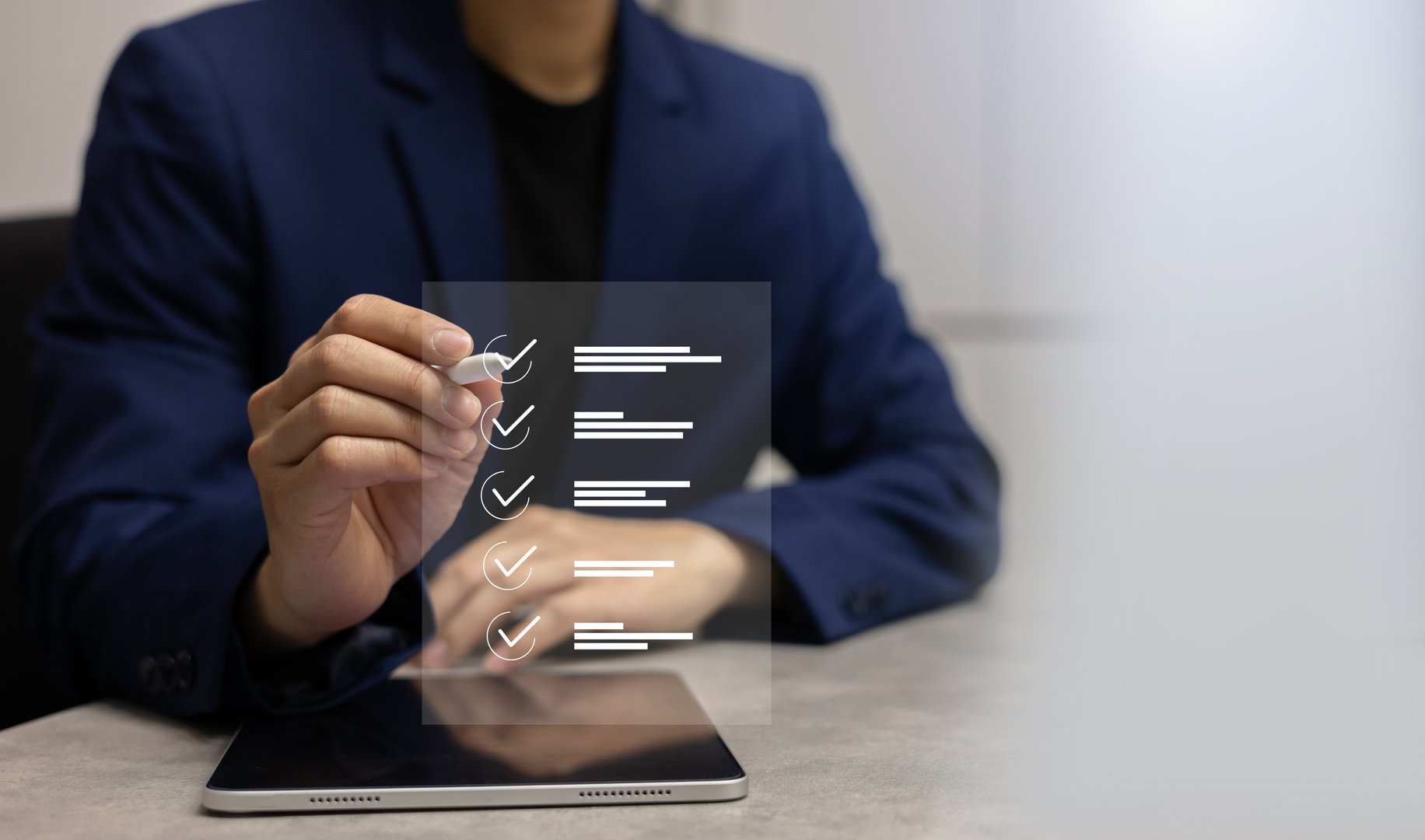 manager manager hand check mark on virtual online questionnaire survey from website to rate score and share aspect of audience after complete from seminar for business corporation concept