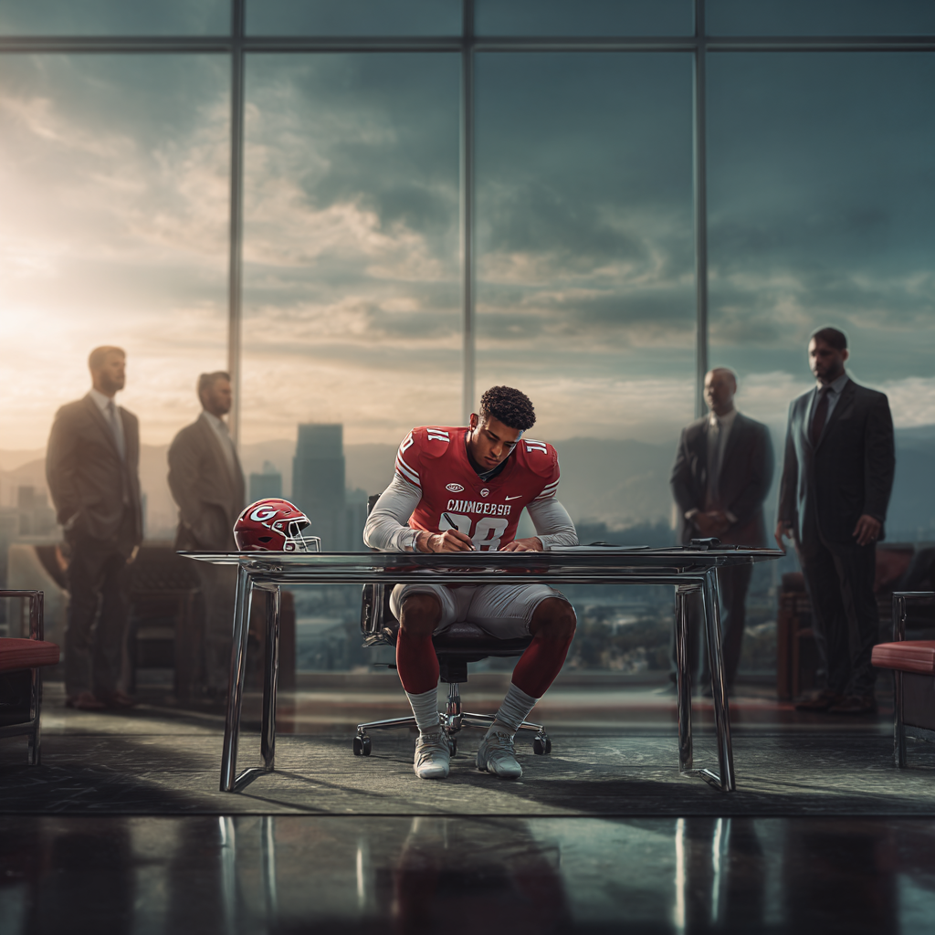 College quarterback in uniform signing NIL contract
