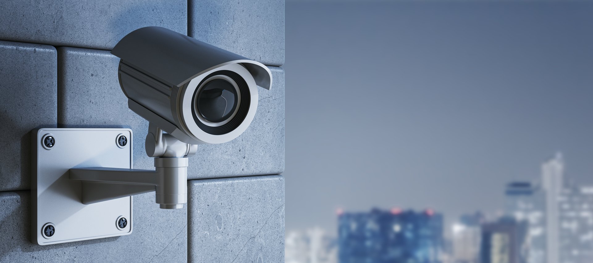 Security surveillance camera fixed on concrete wall, realistic 3D style, blurred urban night background, concept of safety and monitoring. 3D Rendering