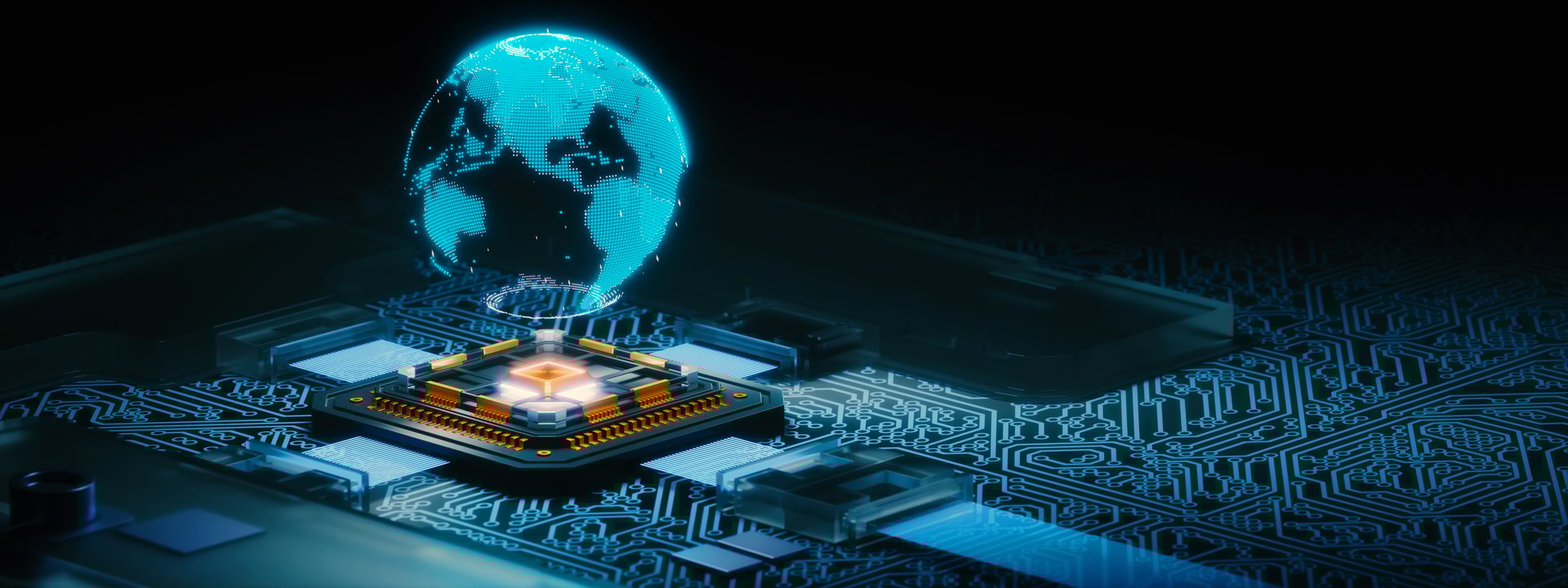 Digital holographic globe floating above futuristic quantum processor, symbol of global data, artificial intelligence, blockchain, advanced computing and worldwide technology innovation
