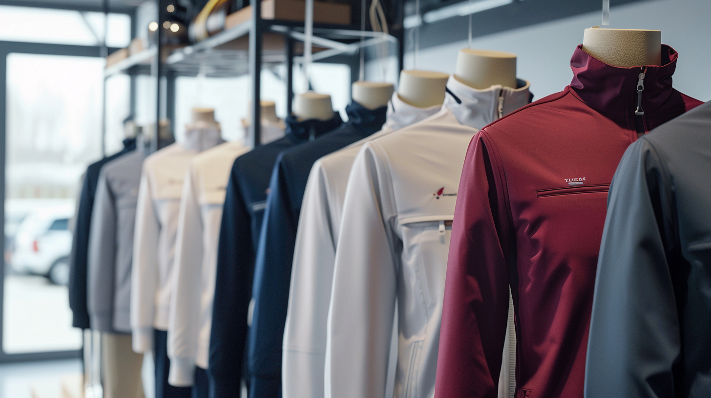 Row of mannequins displaying various colored jackets in a store setting.