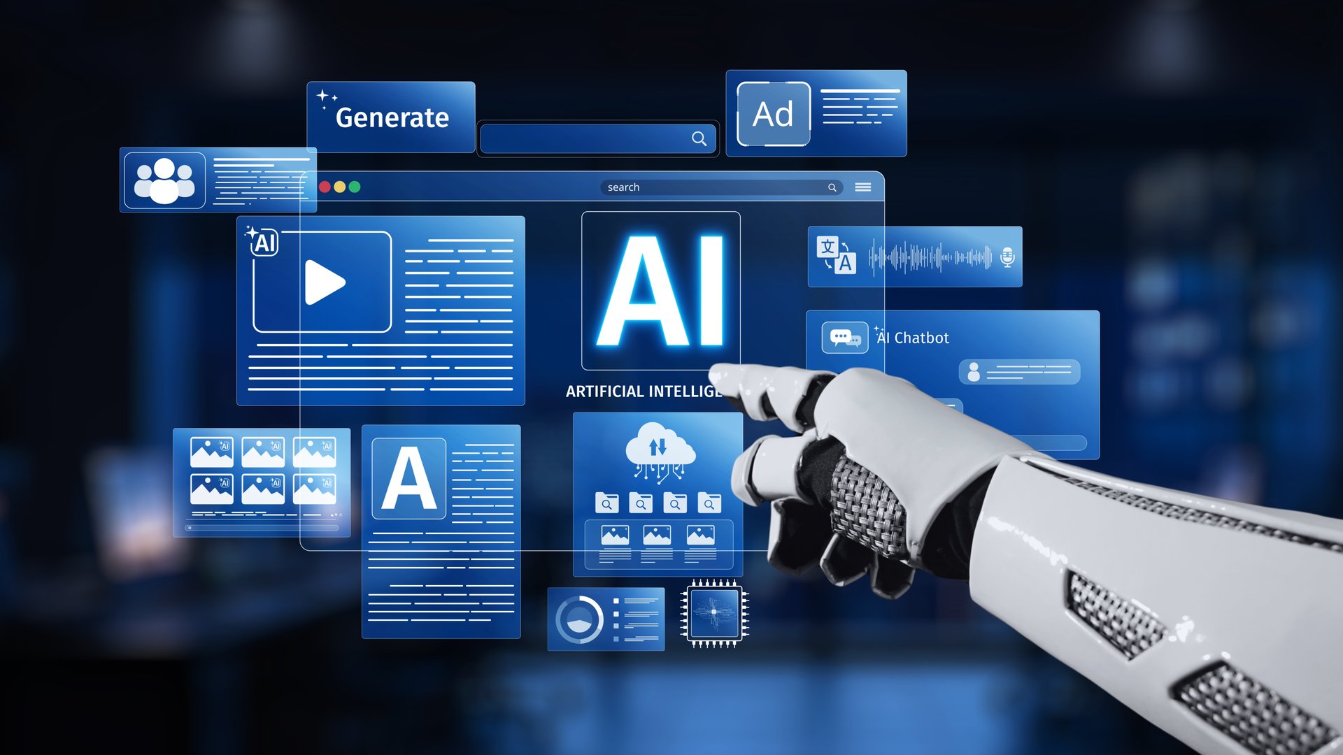 A robotic hand points at a vibrant digital interface showcasing various artificial intelligence elements and data visualizations in a modern tech setting