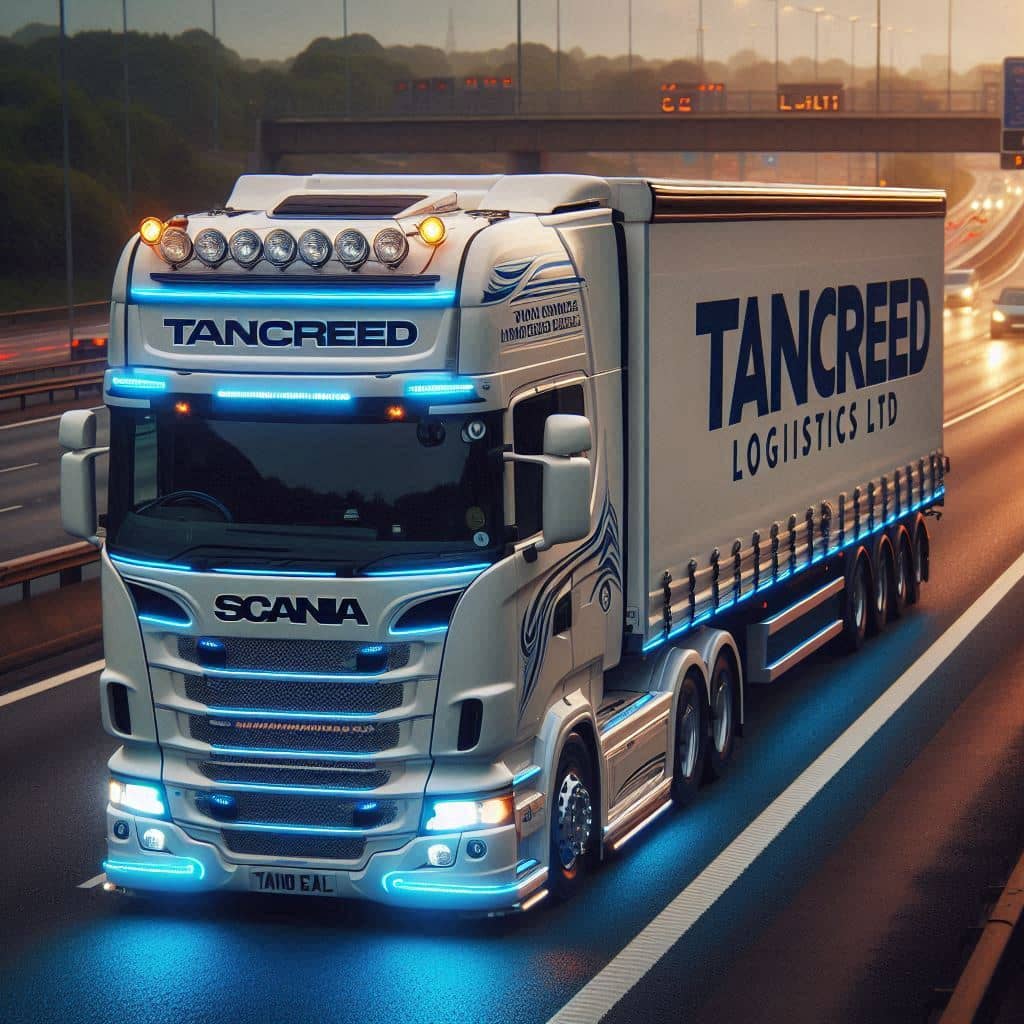 A Scania semi-truck labeled "TANCREED Logistics LTD" on a highway adorned with blue accent lights.