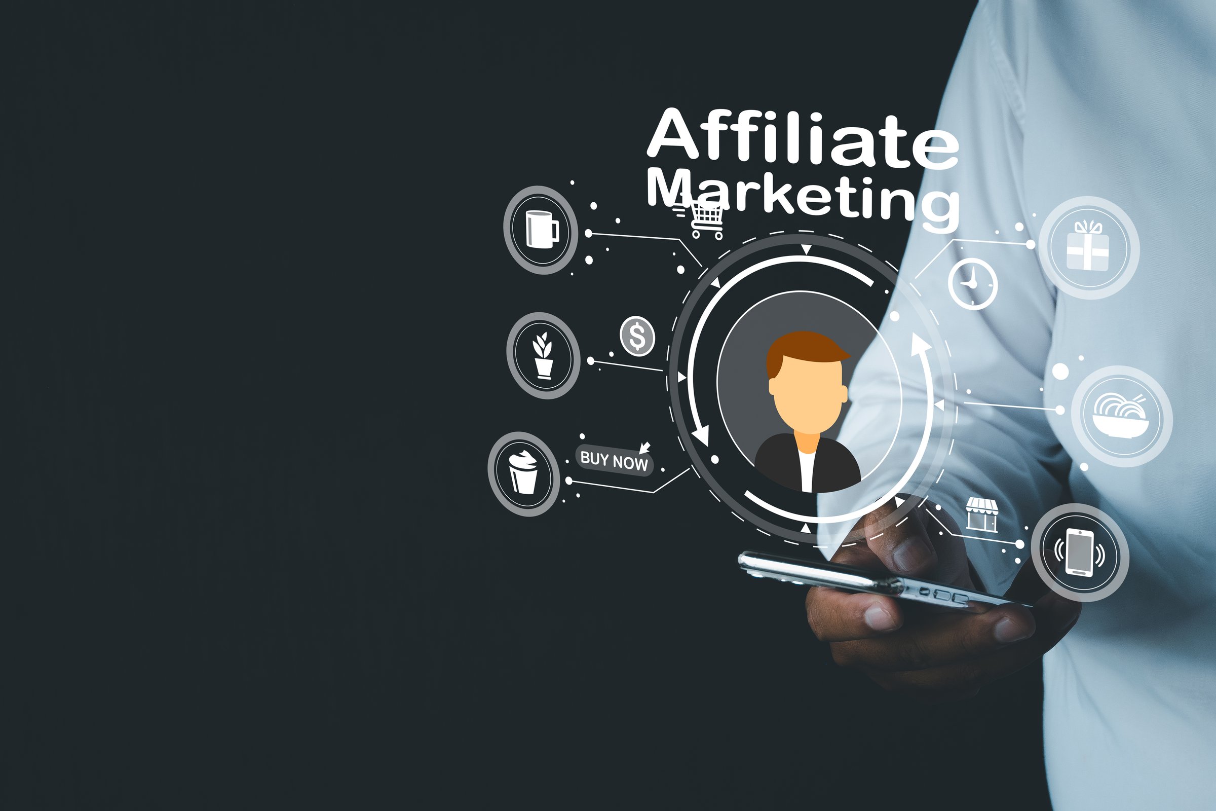 Digital marketing and affiliate marketing concept.,Customer using smartphone with Affiliate marketing, online shopping, and e-commerce icon idea for E-commerce.