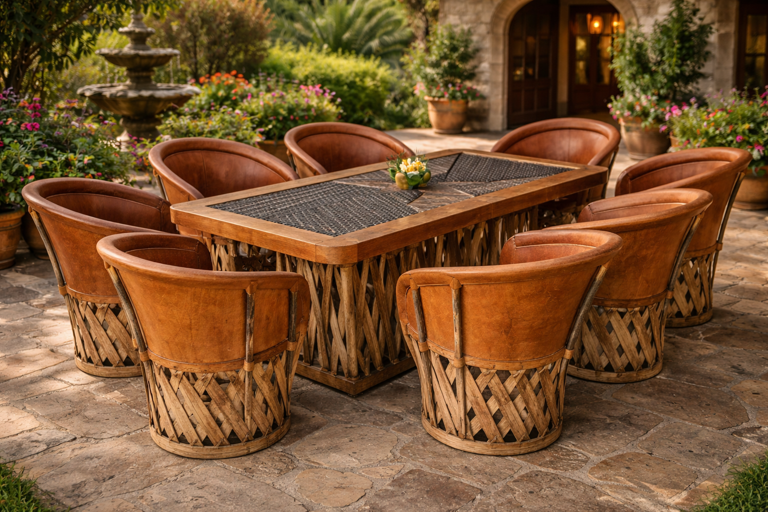 Juego de comedor estilo hacienda: mesa rectangular con figura central sólida de madera y 8 sillas equipales tapizadas en piel