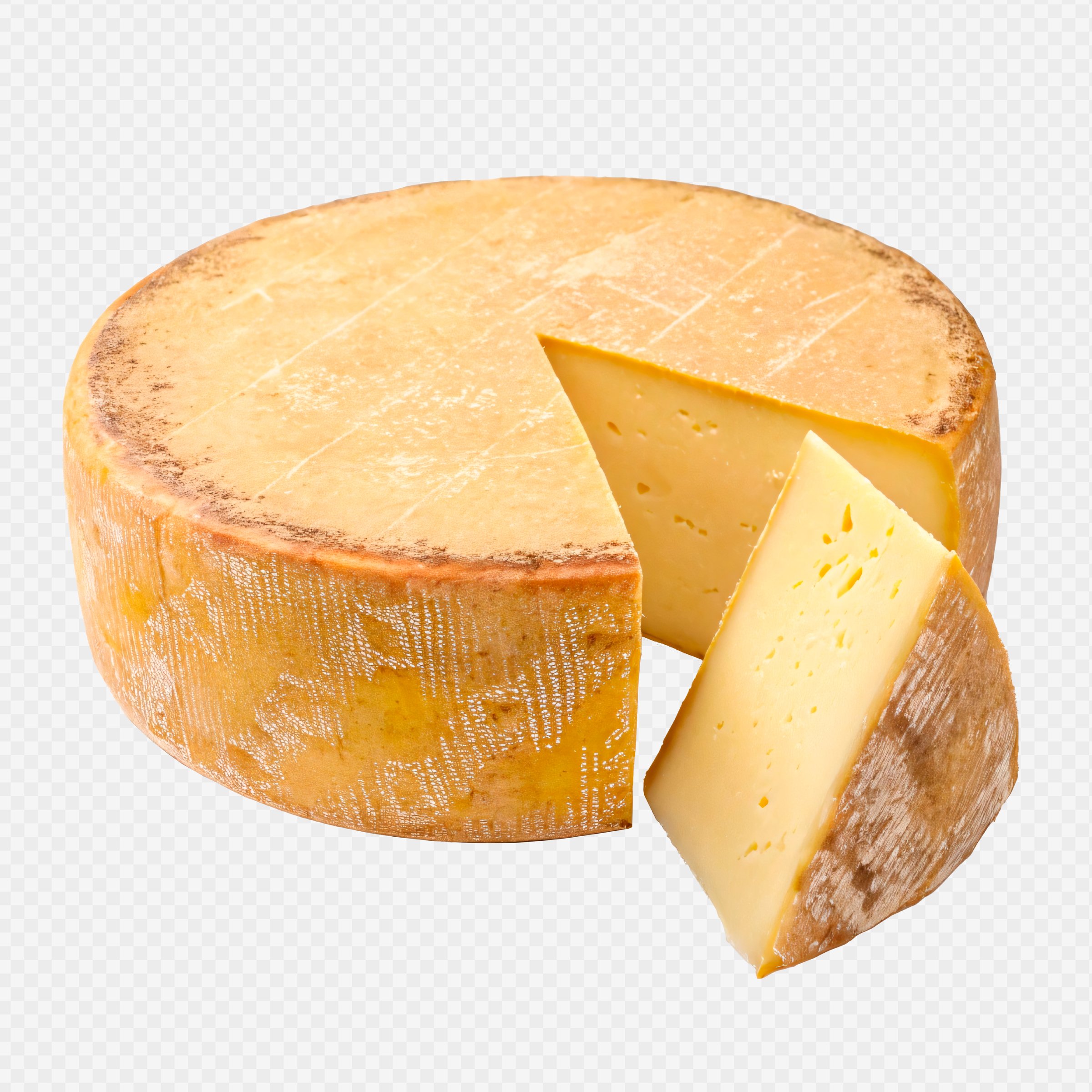 A whole cheese wheel with a wedge slice removed, showcasing its yellow interior, concept of dairy food
