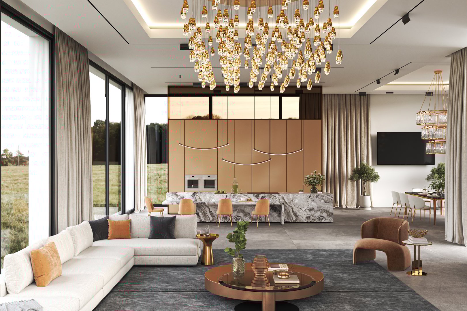 Modern living room features a grand chandelier and warm decor, creating an exceptional ambiance, 3d rendering