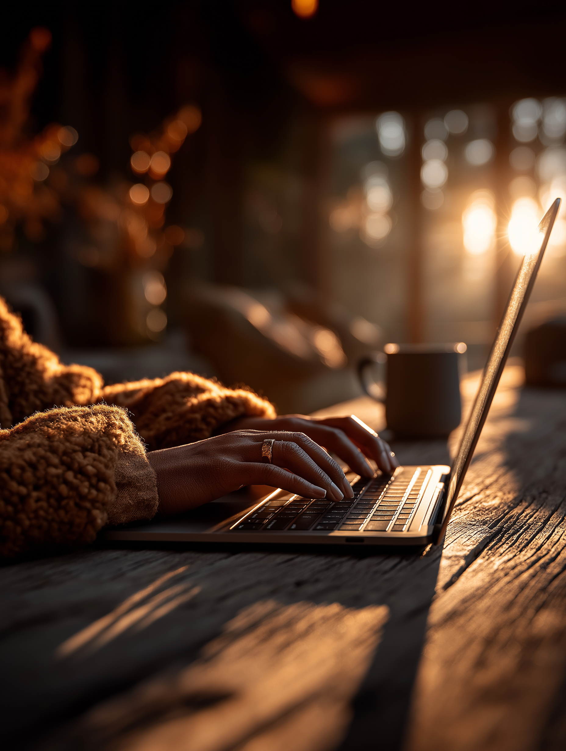 Hands typing on a laptop in a cozy setting with warm sunlight streaming in and a mug nearby.