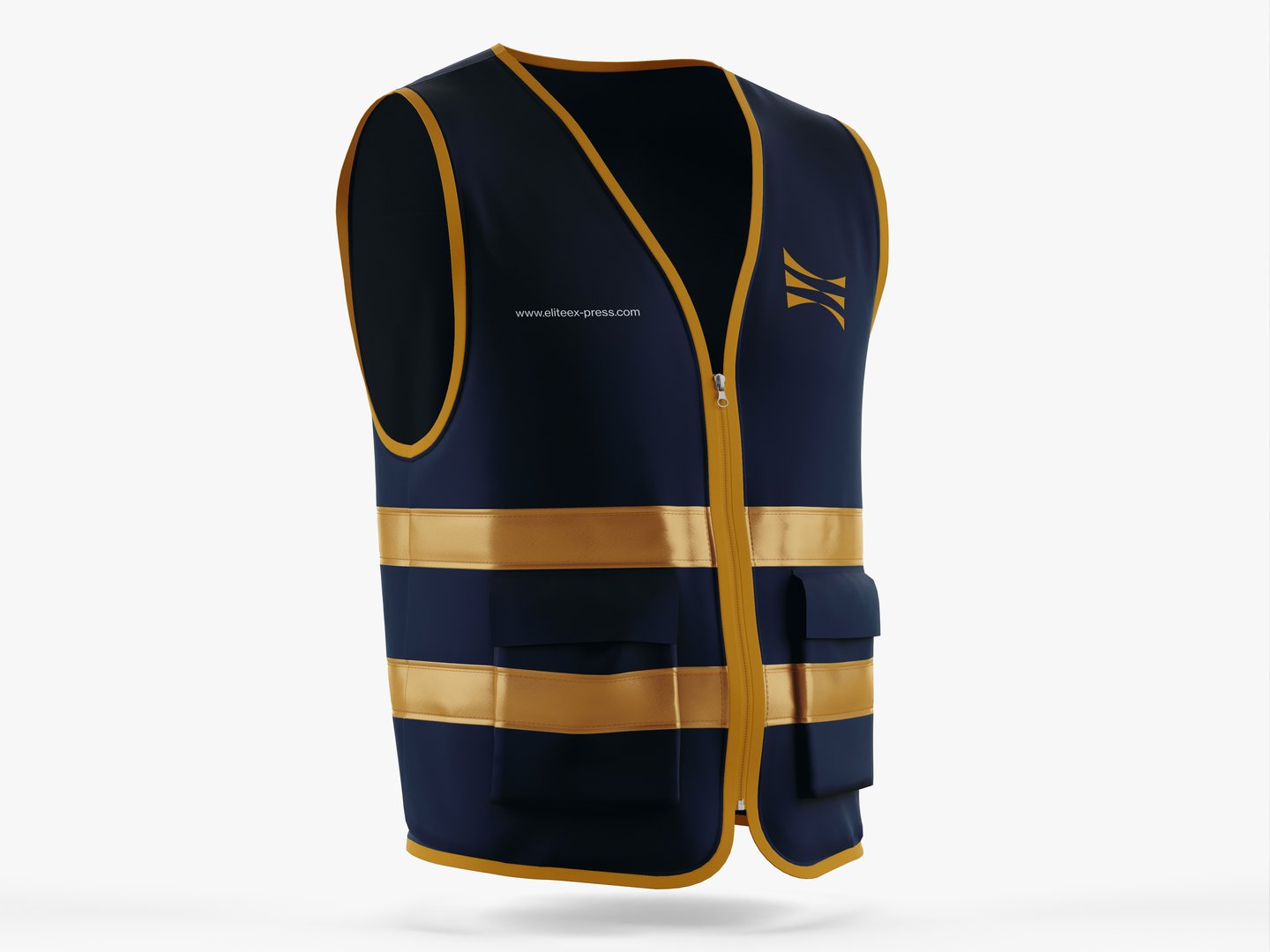 A navy blue safety vest with yellow reflective stripes and a zip closure, featuring pockets and a logo on the chest.