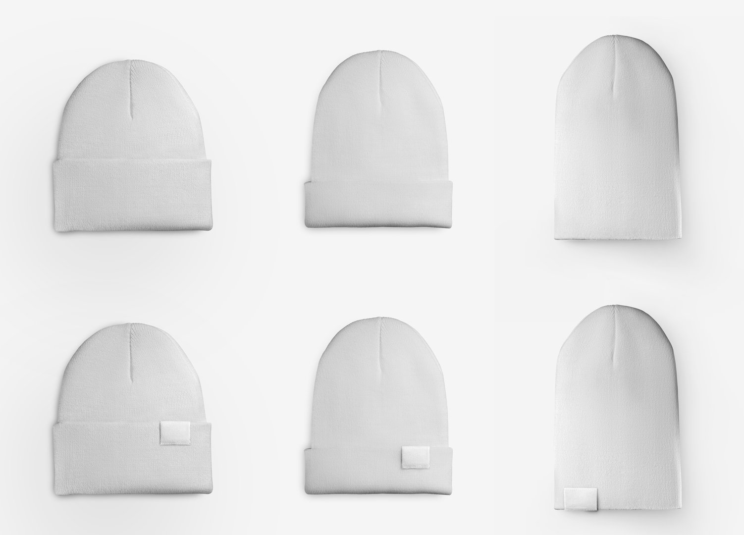 Set of mockups of a white winter beanie, front, back view, close-up headdress for design presentation, advertising of stylish accessories. Fashionable, wool hat template isolated on background.