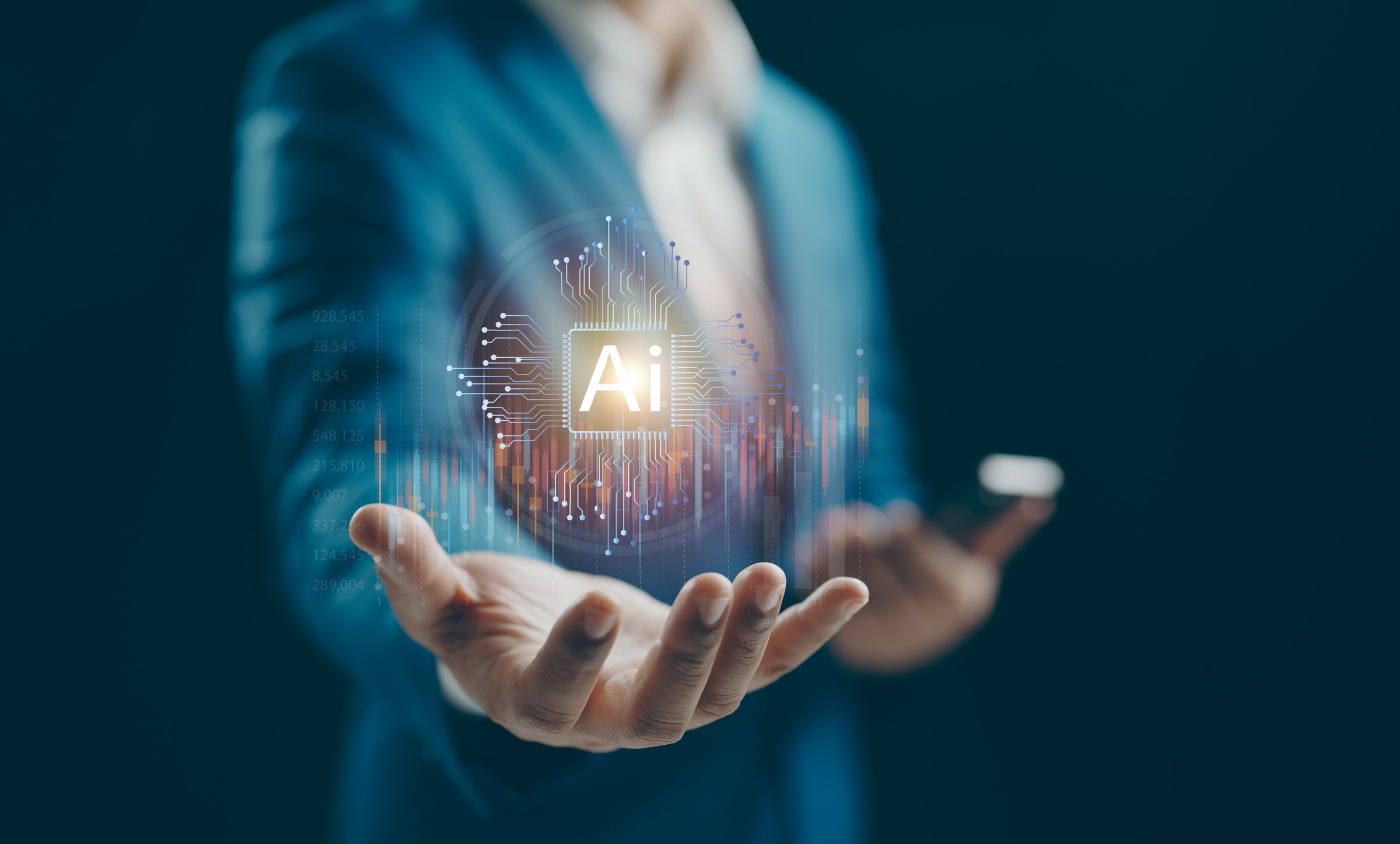 Businessman showing AI technology analyzing financial data stock market. AI learning and business artificial intelligence. Document data management on network, cyber security, digital transformation.