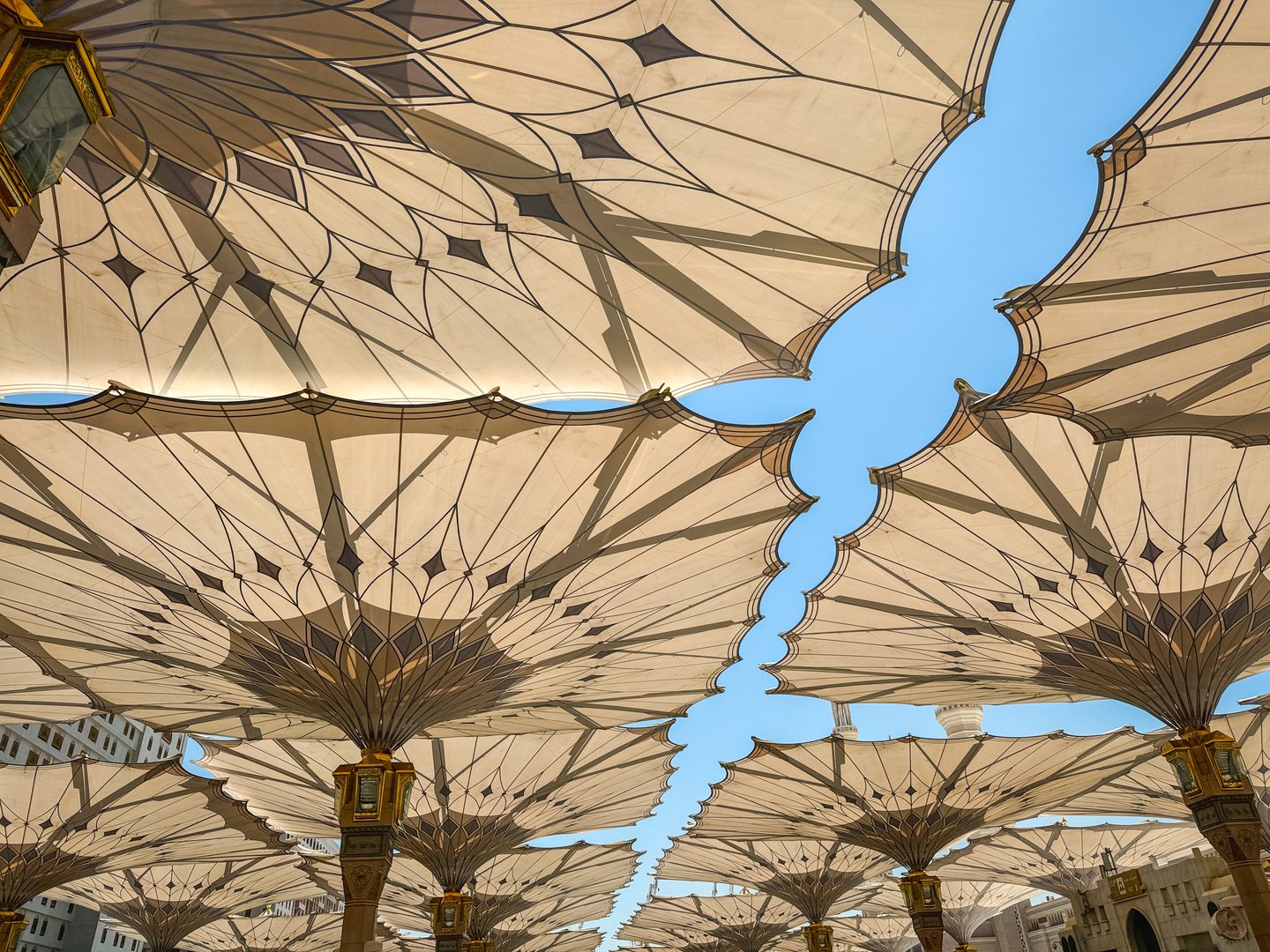A stunning view of the iconic retractable umbrellas at Masjid Nabawi in Madinah, Saudi Arabia. These architectural marvels provide shade to worshippers, featuring intricate geometric patterns with blue and white accents. The design symbolizes the blend of modern engineering and Islamic artistry in one of Islam's holiest sites. Ideal for themes related to Islamic culture, architecture, spirituality, and innovation.