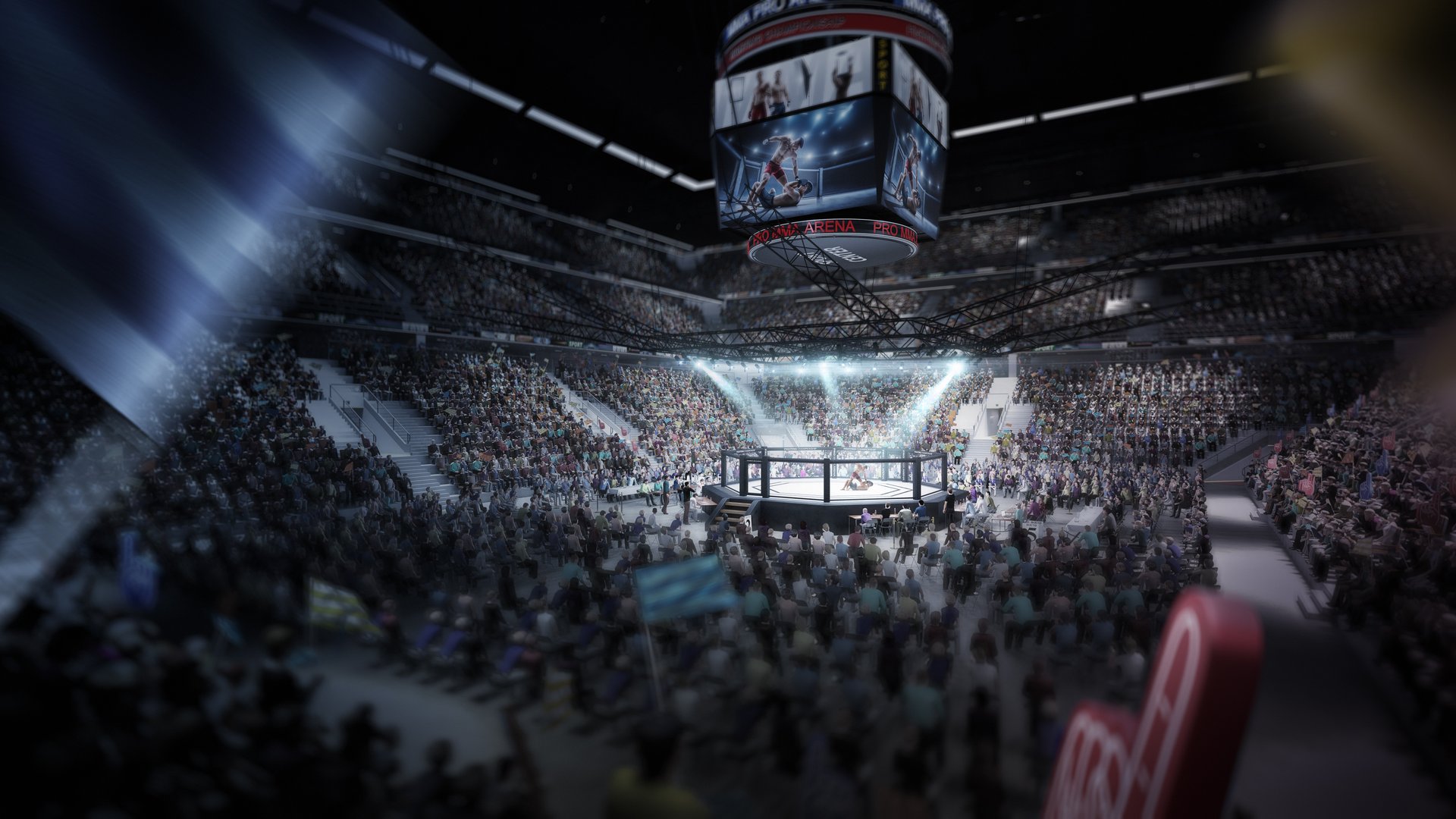 Sport arena with fans and shining spotlights. Fighting Championship. MMA octagon.