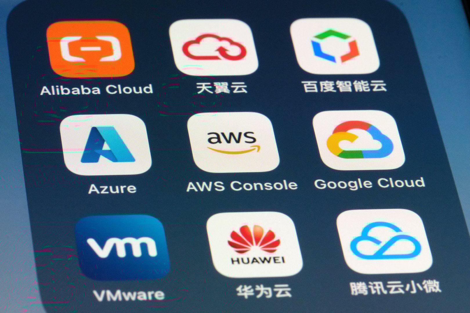 Shanghai,China-Oct.31st 2023: Assorted cloud computing platforms app icons. Amazon Web Services (AWS), Microsoft Azure, Google cloud, Alibaba cloud, Baidu AI Cloud, VMware, ctyun, HUAWEI cloud, Tencent cloud