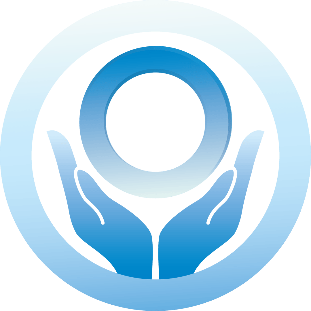Blue gradient logo with two hands holding a circular shape, surrounded by a larger circle outline.