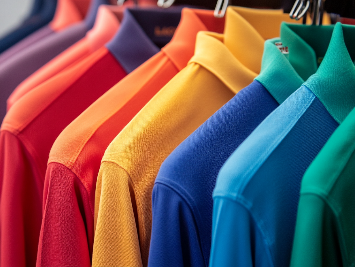 Colorful polo shirts in shades of red, orange, yellow, blue, and green hanging on a clothing rack.