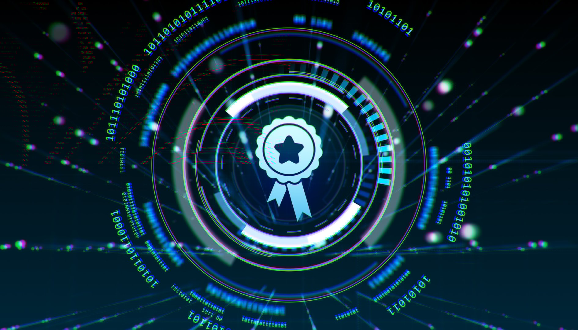 Digital badge with star symbol in futuristic holographic interface, glowing elements, dark background, technology award recognition concept, 3D Rendering
