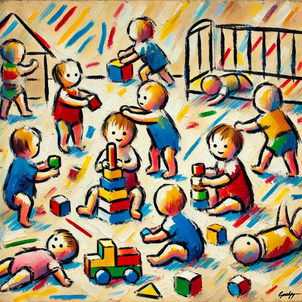 Colorful painting of children playing with blocks and toys in a lively, abstract style.