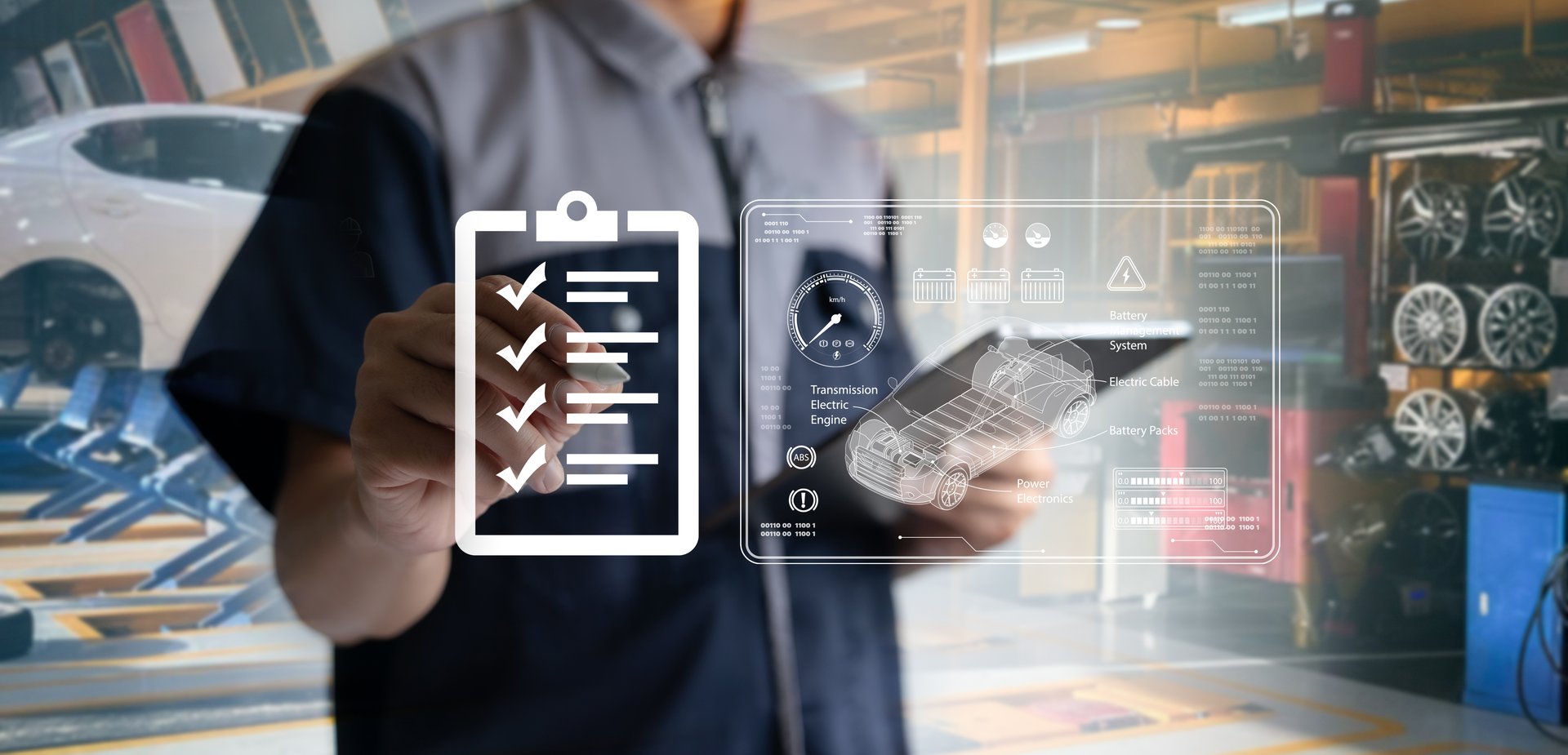 Auto mechanics use tablets with state-of-the-art interactive diagnostic software to find faulty parts in an engine.