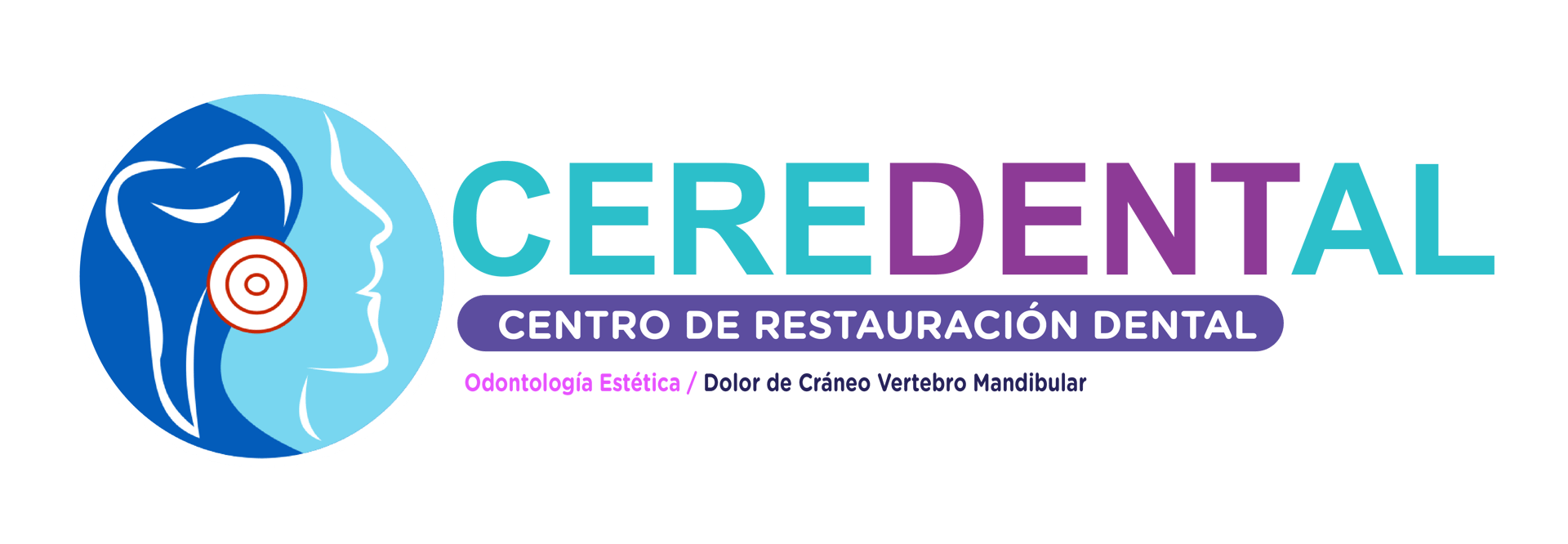 Ceredental logo with a tooth and head icon, text: Centro de Restauración Dental, Odontología Estética, Dolor de Cráneo.