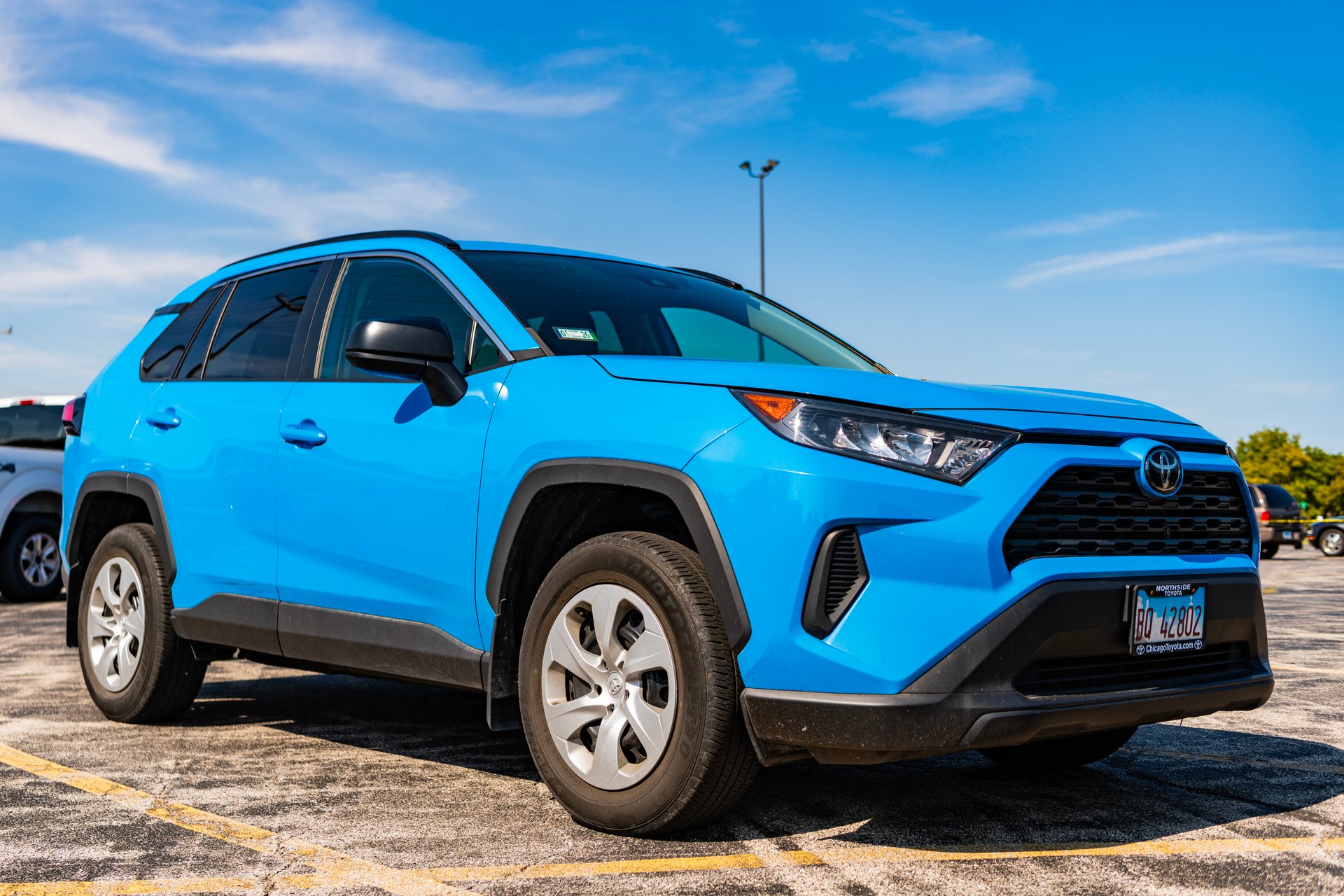 Park Ridge, Illinois, USA - August 29, 2024: Toyota RAV4 2019 crossover SUV car. Luxury crossover car of Toyota RAV4 SUV type. Car of Toyota RAV4 parked outdoor. Toyota RAV4, corner view.