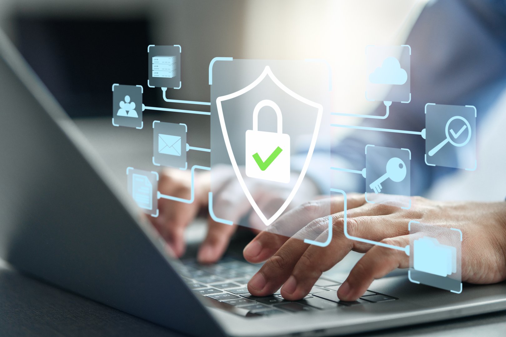 Internet Security. Secure Global Data Connection. Secure Data and Network Protection. A Man Uses Computer with Security System and Encrypted Data.