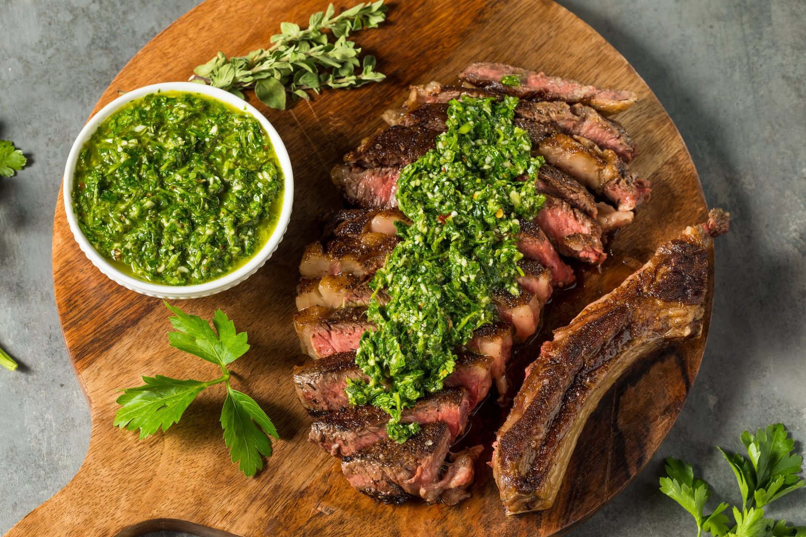Homemade Chimichurri Sauce and Ribeye Steak with Garlic