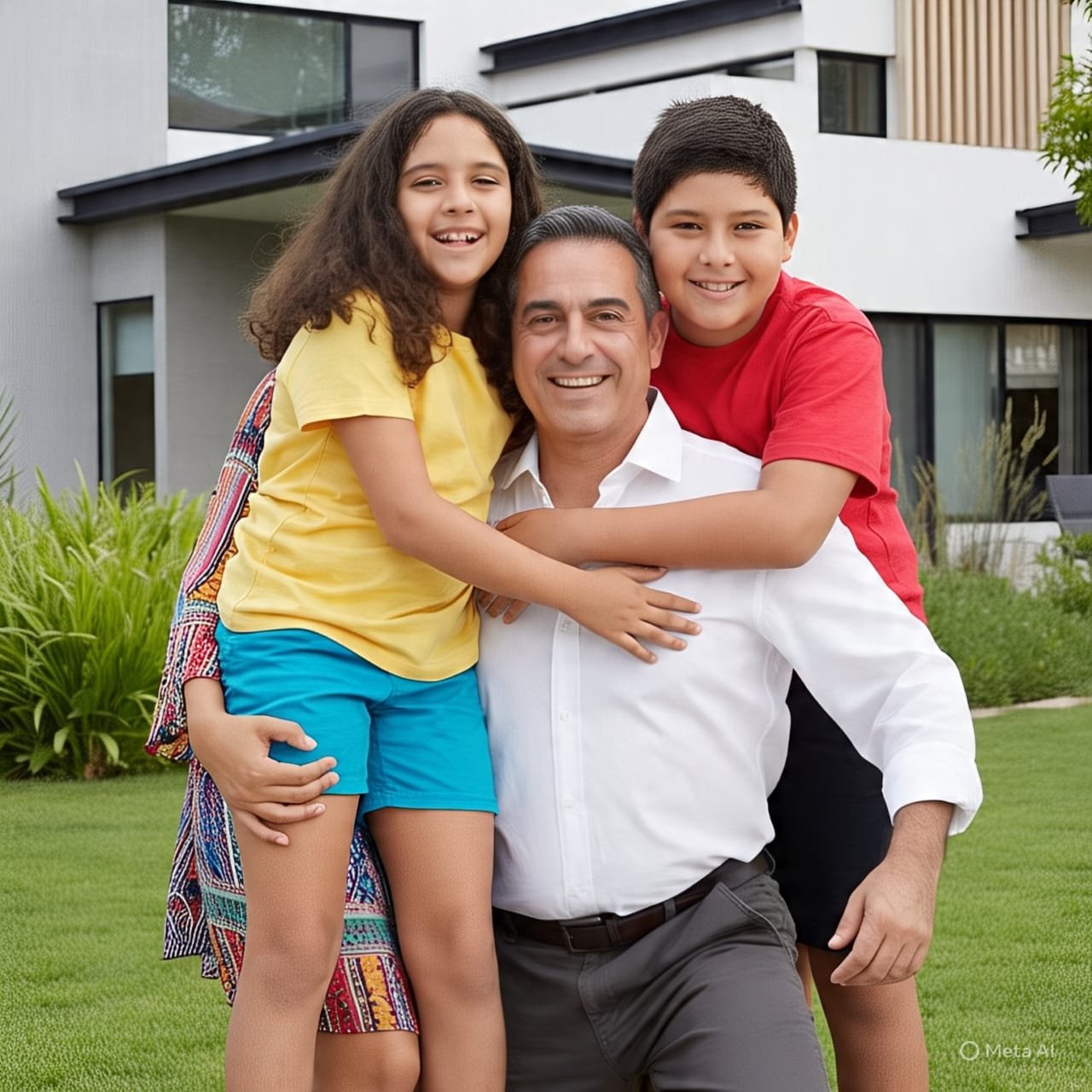 A man smiling with two children hugging him, standing in front of a modern house; one child wearing yellow, the other red.