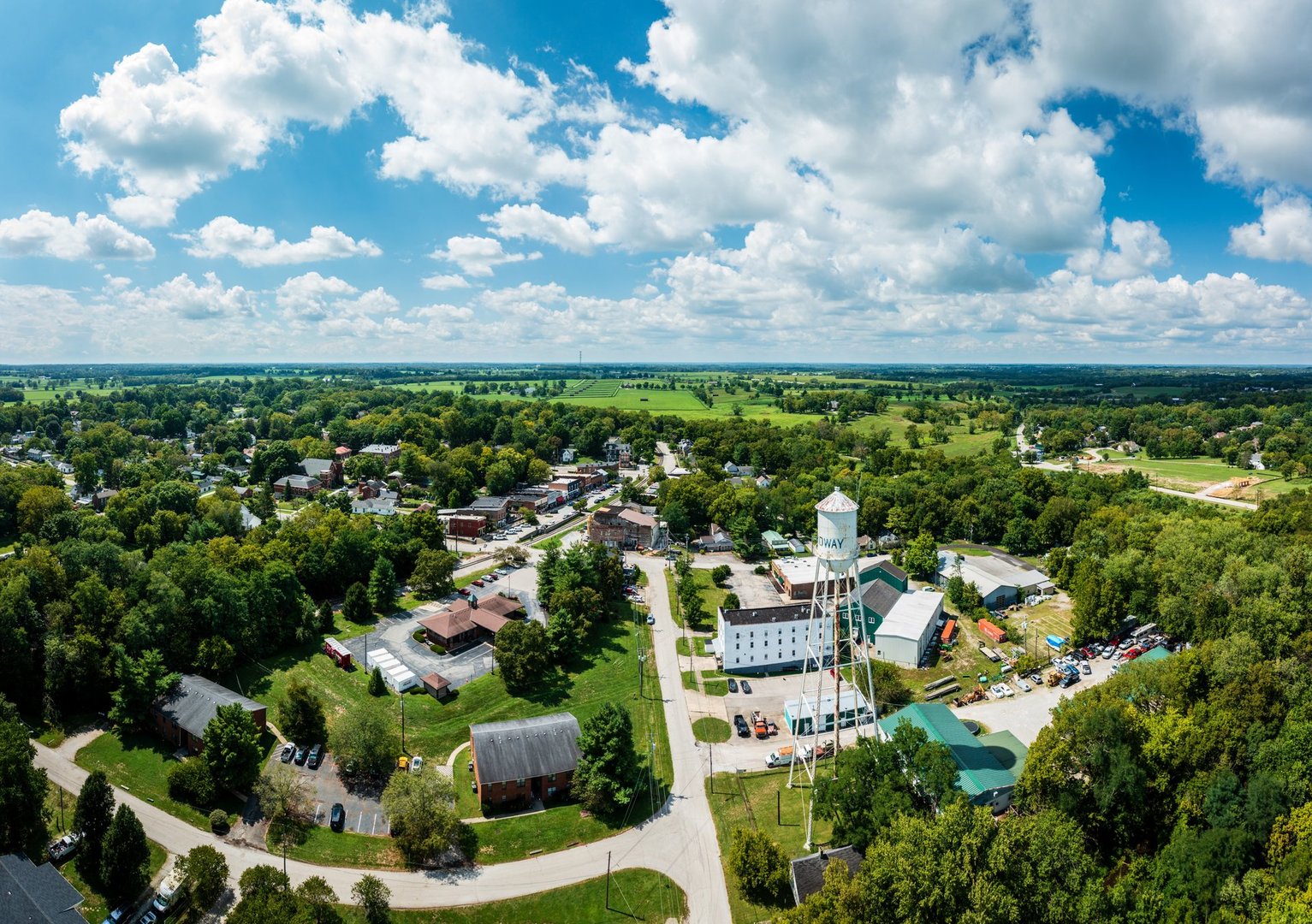 Scenic aerial view of Midway, Kentucky and surroundings on a bright summer day