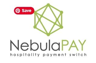 Logo of NebulaPAY with a geometric green icon and the tagline 'hospitality payment switch'. Includes a Pinterest save button.
