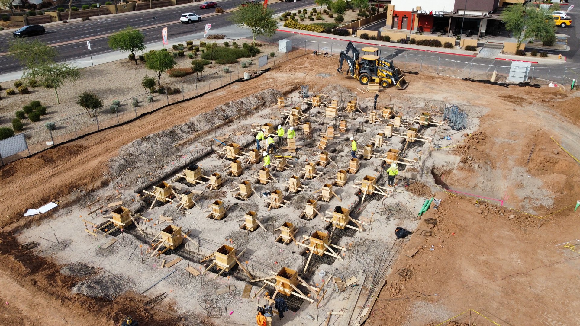 Aerial view of concrete footing work